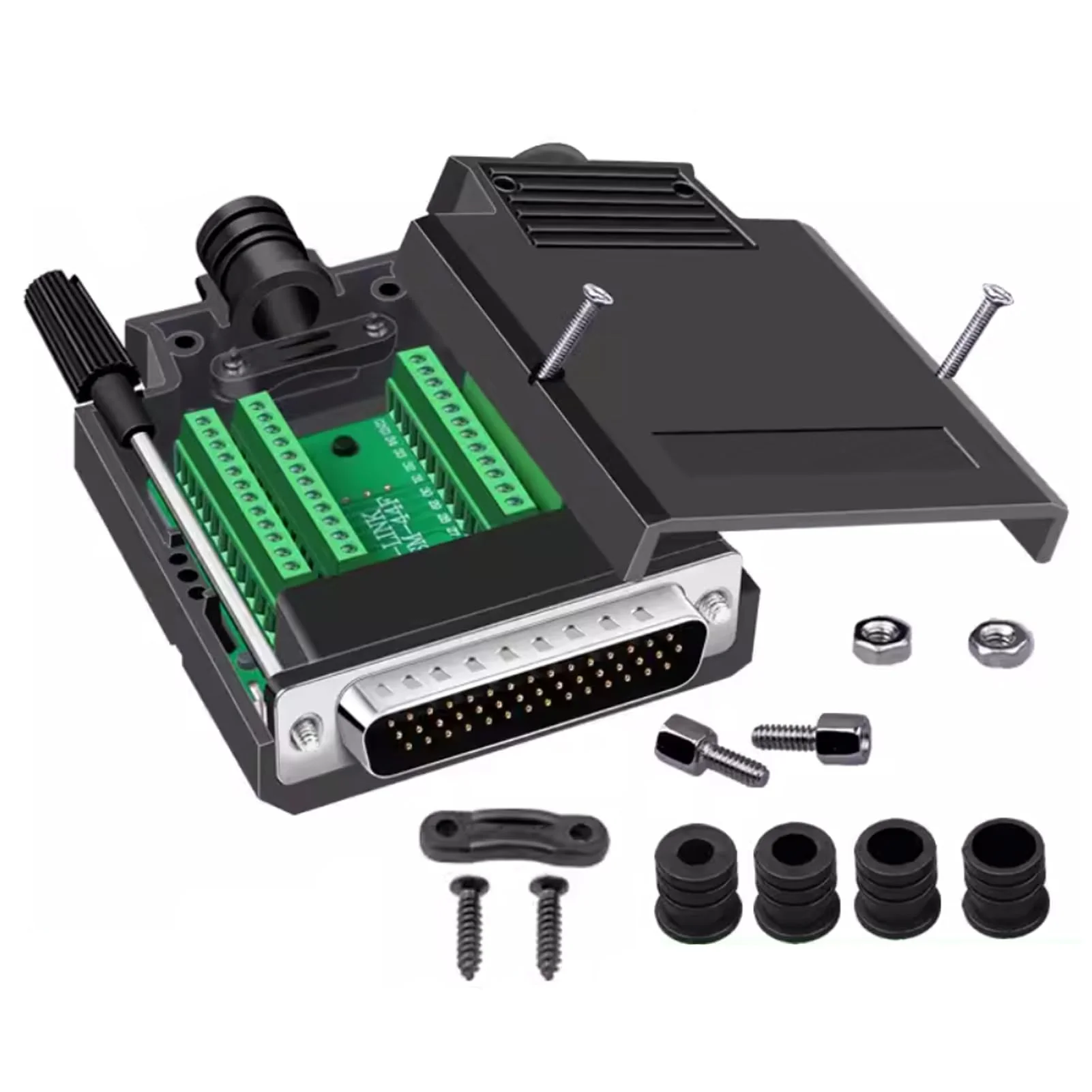 DB44 Solderless Connector, Male RS232 D-SUB Serial to 44-pin Port Terminal Adapter Breakout Board with Case Long Bolts Tail Pipe