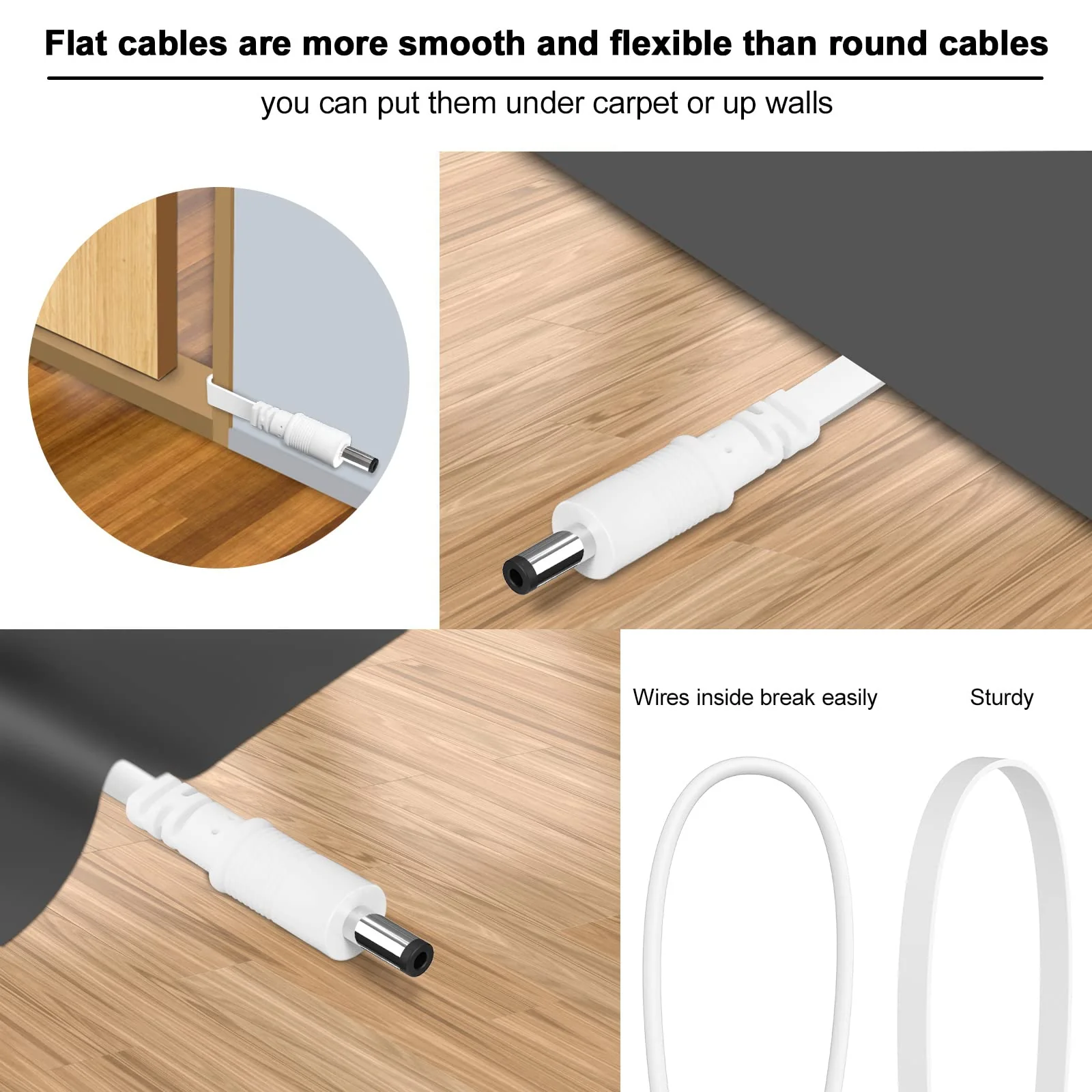 DC Power Extension Cable 10ft 2.1mm×5.5mm,Universal 12v Power Extension Cable for CCTV Security Camera IP WiFi Camera Standalone DVR (10ft,Flat Body, White) - Image 4