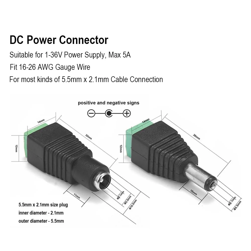 DC Power Jack Plug Adapter Barrel Connector 20 Pairs 12V Male and Female 2.1 x 5.5mm for CCTV Security Camera System, LED Strip - Image 2