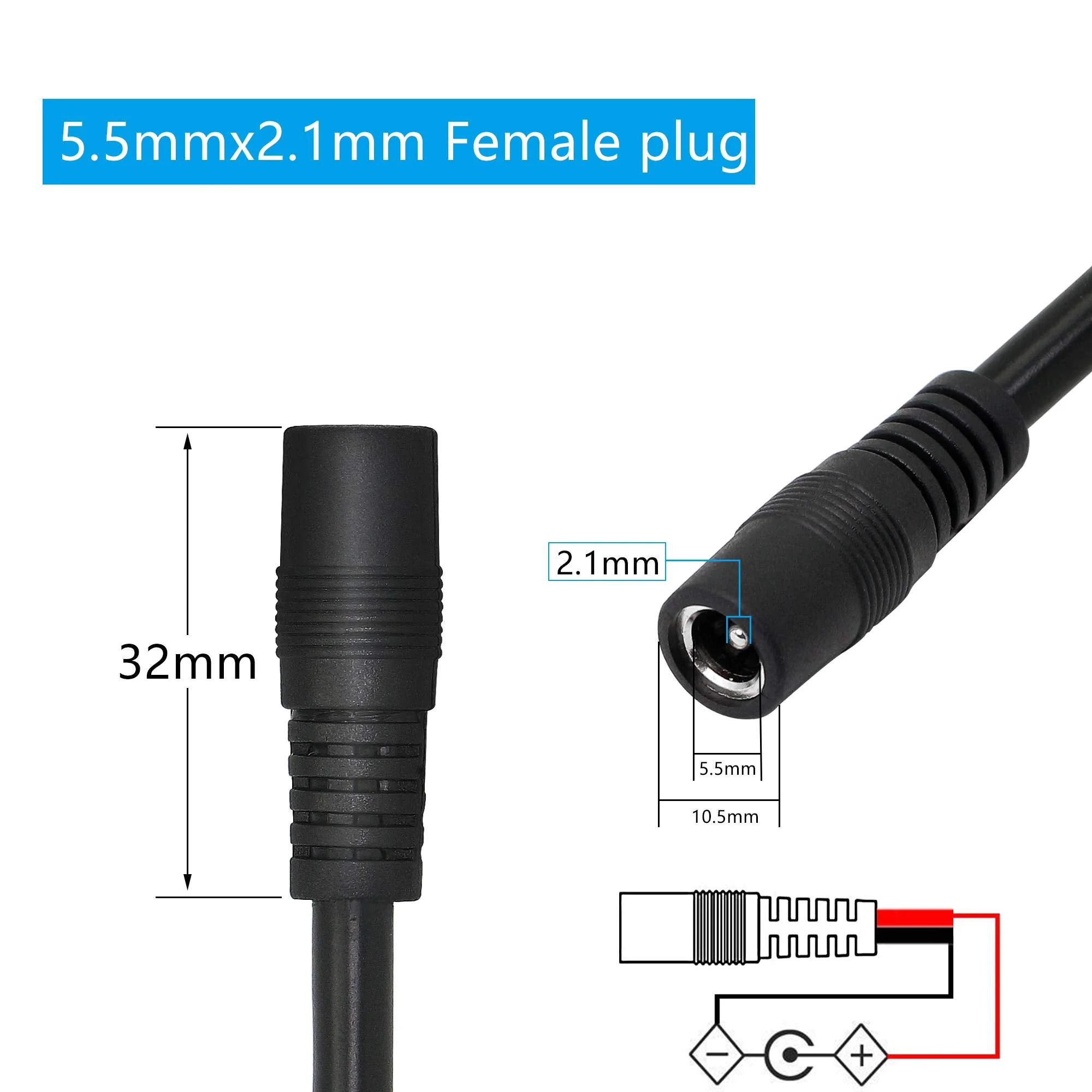 DC Power Pigtails Cable,3FT DC 5.5MM x 2.1MM Female Plug to Bare Wire Open End Power Wire Supply Repair Cable,16 AWG Barrel Connector Pigtail for CCTV Security Camera,DVR,LED Strip Light Etc-2 Pcs(F) - Image 3