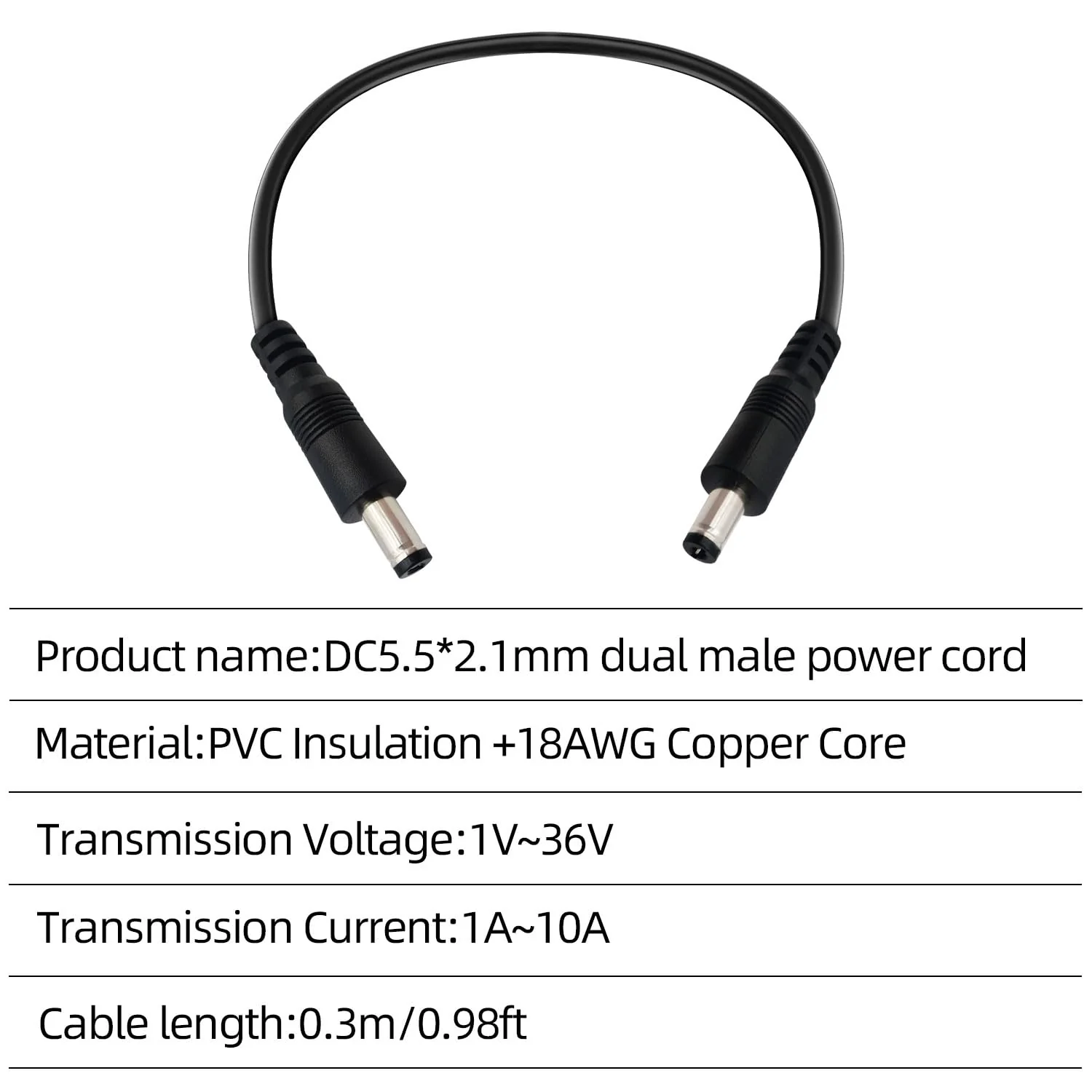DC5.5x2.1mm 12V Male to Male Cable 18AWG Male to Male Extension Cable 12V Emergency Power 5521 Connector(1ft-2pcs) 1ft Black 2PCS - Image 6