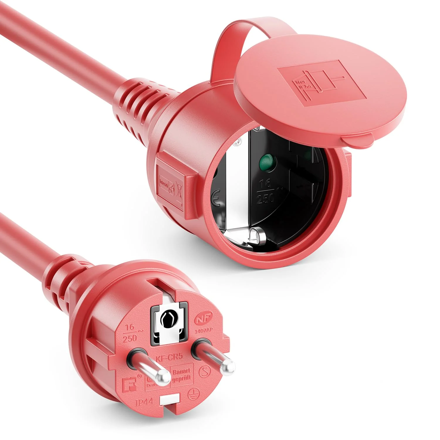deleyCON 2 m Outdoor Extension Cable Power Cable IP44 (H07RN-F 3G1.5 mm²) Power Extension Weatherproof Rubber Cable for Outdoor Use - Protective Contact Plug to Socket - Red