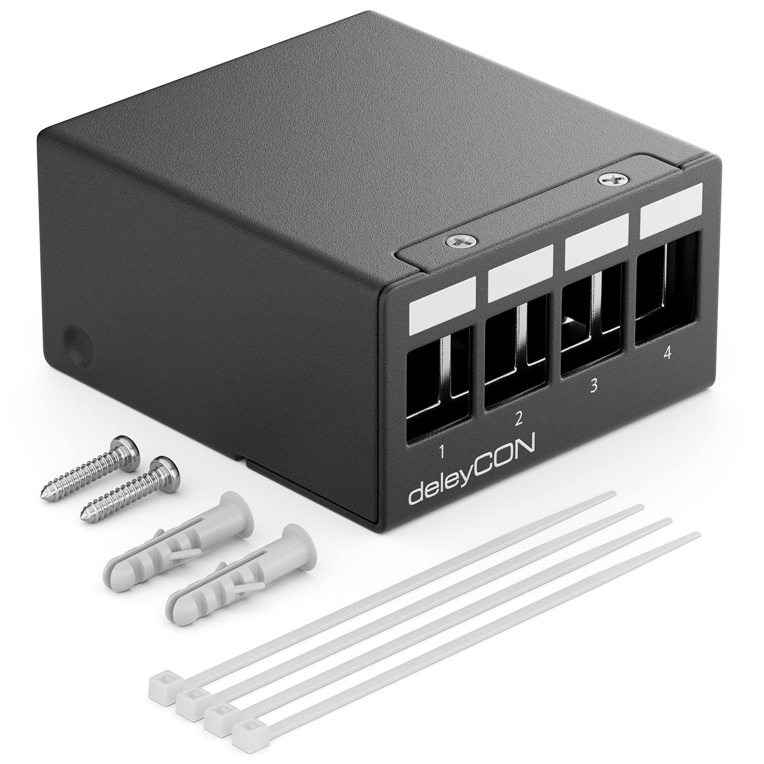 deleyCON 4 Port Patch Panel Housing 1 HE for 14.9 mm x 17 mm Keystone Module with e.g. RJ45 Coaxial Connector BNC F-Connector Antenna Connector RJ-11 RCA Jack USB Toslink PS2 HDMI - Black 4 Port Gehäuse