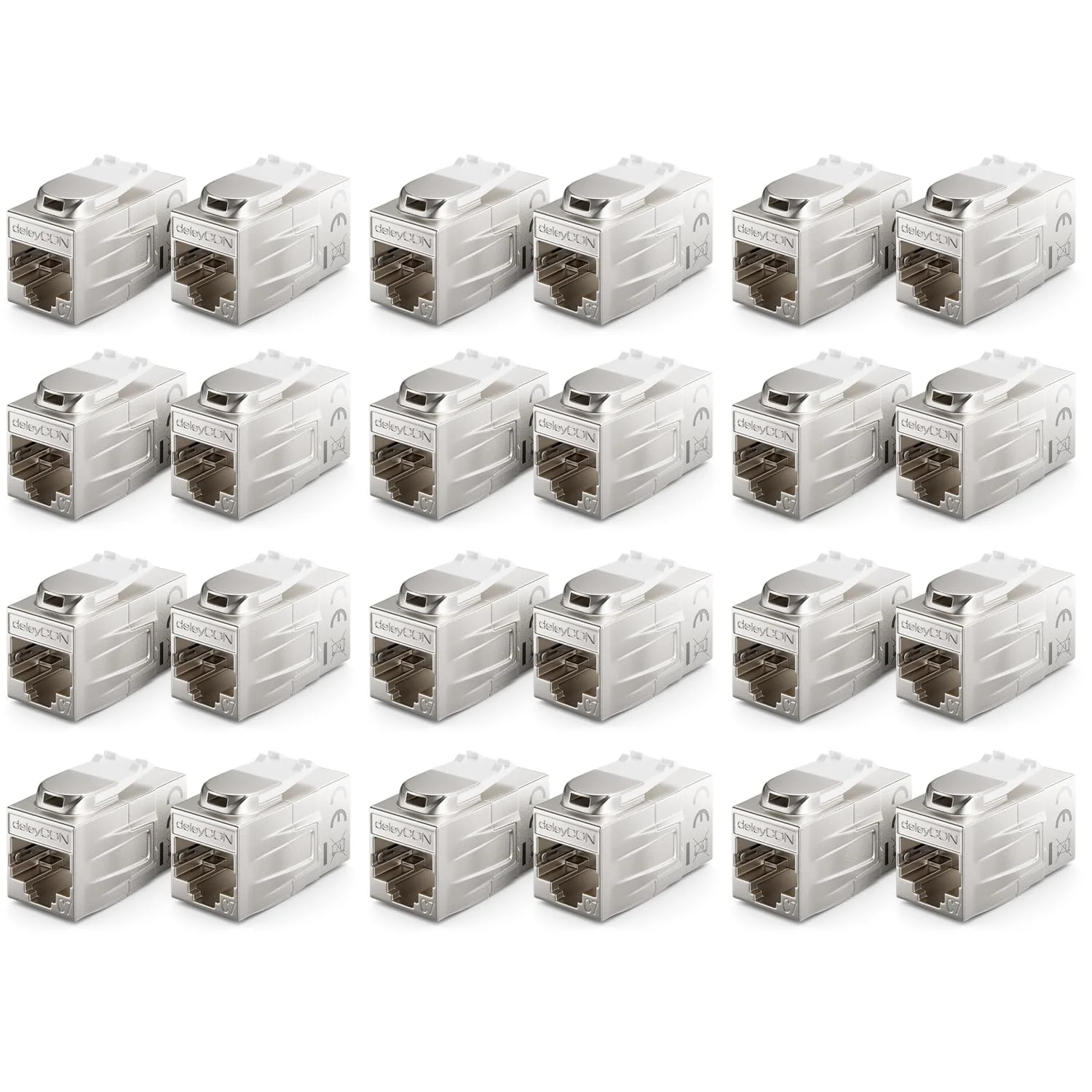 deleyCON Pack of 24 CAT 7 Coupling Keystone Metal 2 x RJ45 Female Connector for RJ45 Patch Cable 600 MHz 10 Gbps LAN DSL Ethernet and Can be Used as Keystone - Silver 24 Stück
