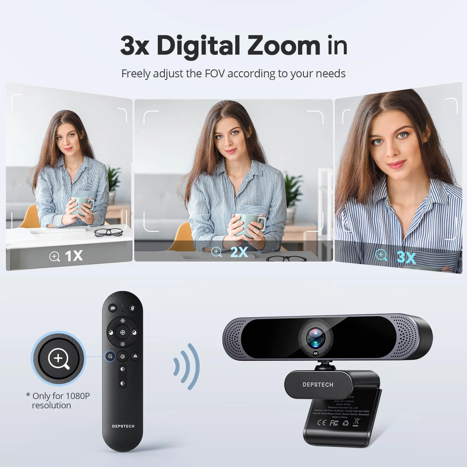 DEPSTECH 4K Webcam, Ultra HD 1/2.55'' Sony Sensor, 3X Digital Zoom, Dual Noise-Canceling Microphones, Remote Control, Auto Focus, Streaming Webcam for PC, Mac, Laptop, Video Call, Zoom, Skype, Teams - Image 3