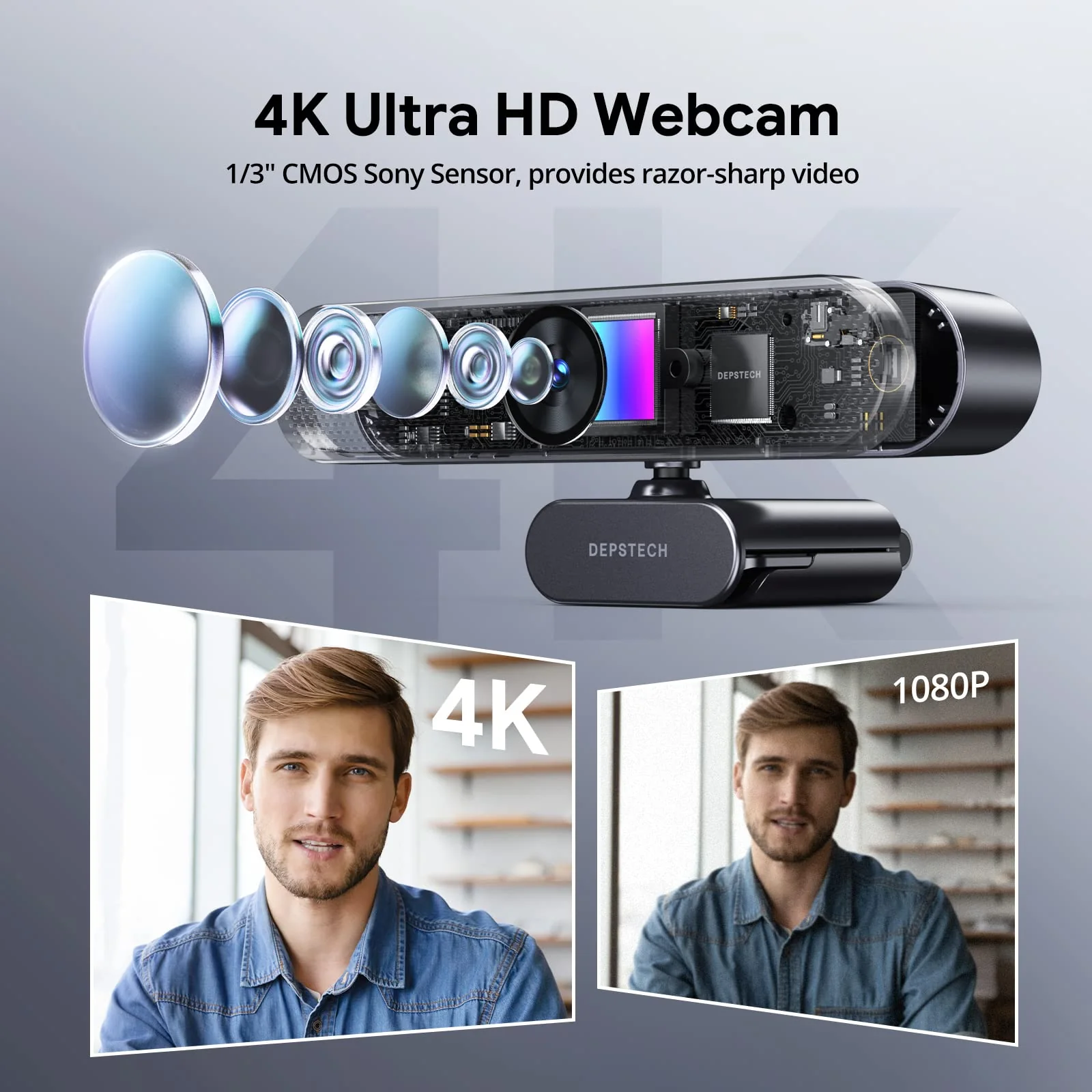 DEPSTECH Webcam 4K, Zoomable Webcam with Microphone and Remote, Equipped with Sony Sensor, 3X Digital Zoom, Noise-Canceling Mics, Auto-Focus Computer Camera for PC/Mac/Laptop/Zoom/Teams/OBS/Google Grey - Image 2