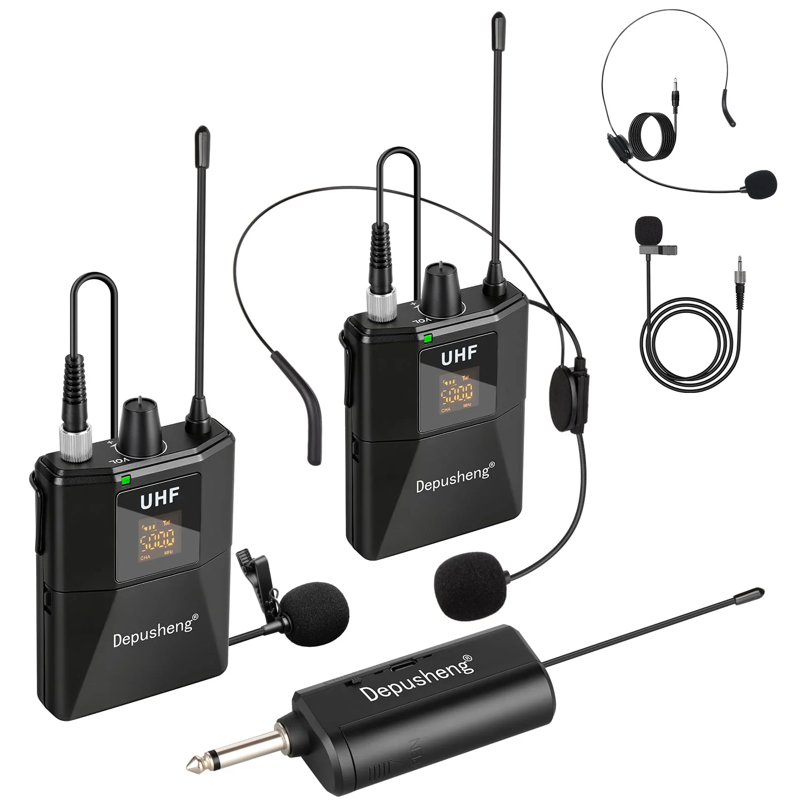 Depusheng UHF Microphone System -Wireless Microphone Set with Headset and Lavalier Lapel Mics, Beltpack Transmitter and Receiver,200ft Range, for Recording PA Speaker,Conference Q6MIC2