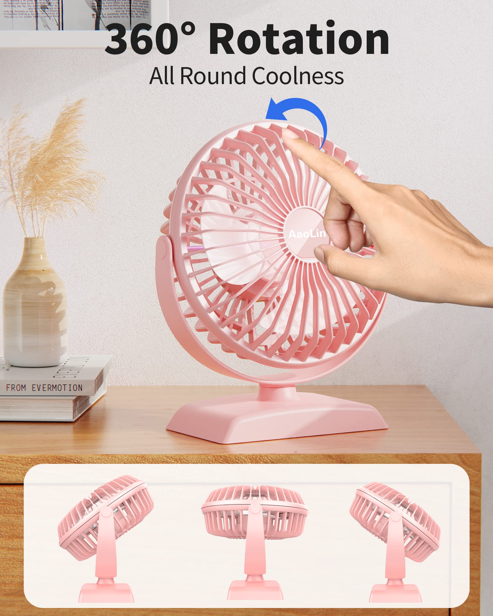 Desk Fan, USB Small Fans with 3 Speeds Strong Airflow, Quiet Portable, 360° Rotation Personal Table Fan for Home,Office, Bedroom Desktop Pink02 - Image 3