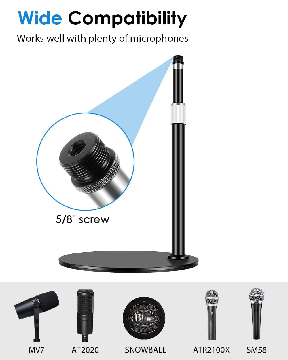 Desk Microphone Stand, Upgraded Adjustable desktop Mic Stand with Mic Clip,5/8" Male Screw for Blue Yeti SM58 SM48 PGA48 AT2020, ATR2100x-USB Samson Q2U Other Microphone - Image 3