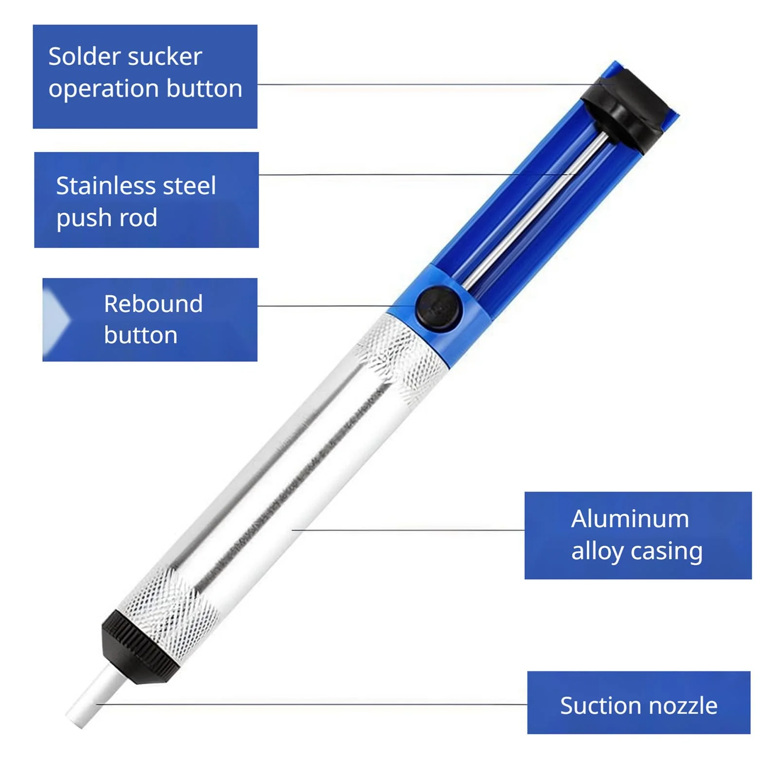 Desoldering Pump 18.3 cm Soldering Suction with Aluminium Housing, De-Soldering Heat Resistant Desoldering Pump Tool, Manual Vacuum Soldering Removal Hand Tool (Blue) - Image 3