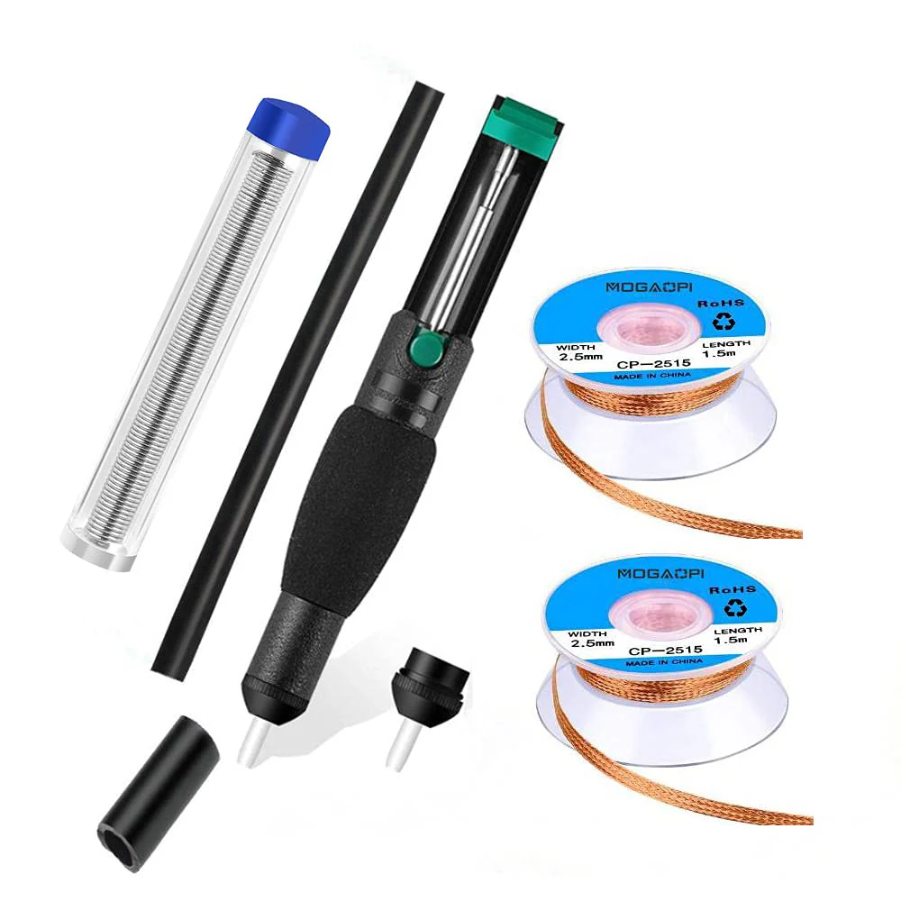 Desoldering Wick, Desoldering Pump, Solder Sucker, Solder Wick, 2pcs Solder Braid (2.5mm Width, 1.5m Length) Solder Wire, Replacement Tip, Desoldering Vacuum Pump Solder Removal Tool 6 in 1 Kit