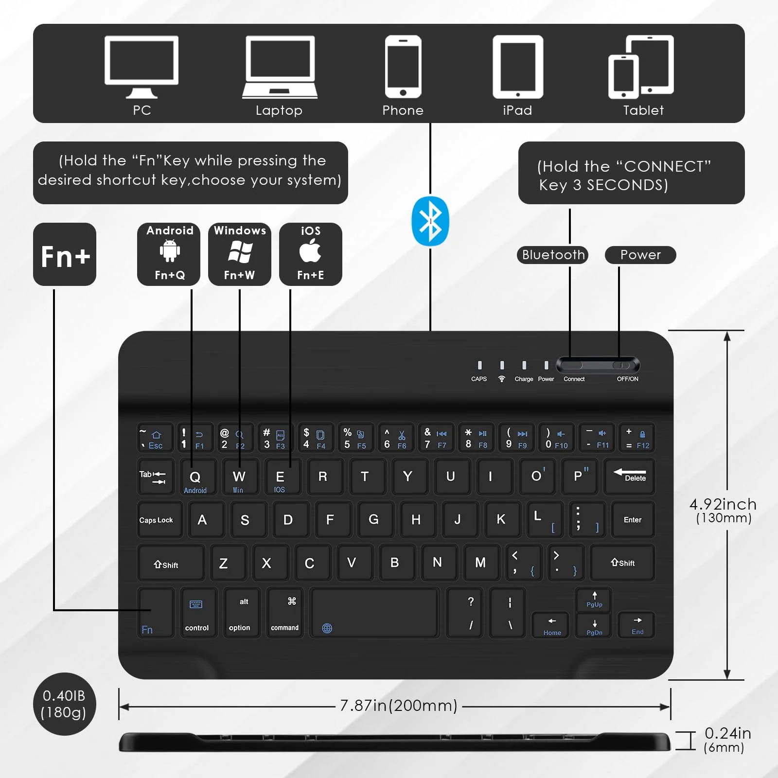 DETUOSI Universal 8.0-8.7 inch Wireless Bluetooth Keyboard for iPad,Samsung Tablet, iPhone Smartphone, iOS, Android Tablets Multi-Device Travel Portable Black - Image 4