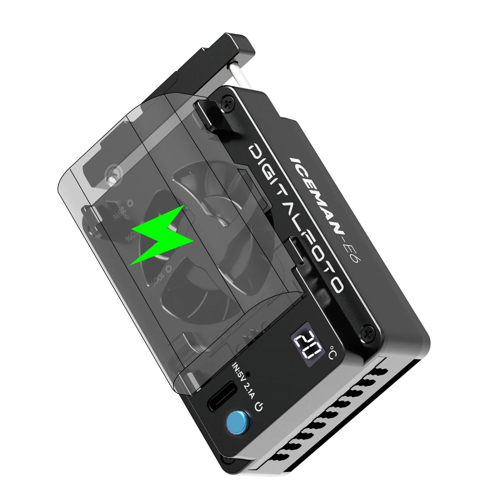DFCINE Iceman-E6 Camera Fan for Canon R5/R6/90D/SX70, TEC Semiconductor Camera Cooling Fan with LED Display, Dual Power Supply via LP-E6 or USB-C, Quiet Operation, Smart Lock Bracket ICEMAN-E6 EU