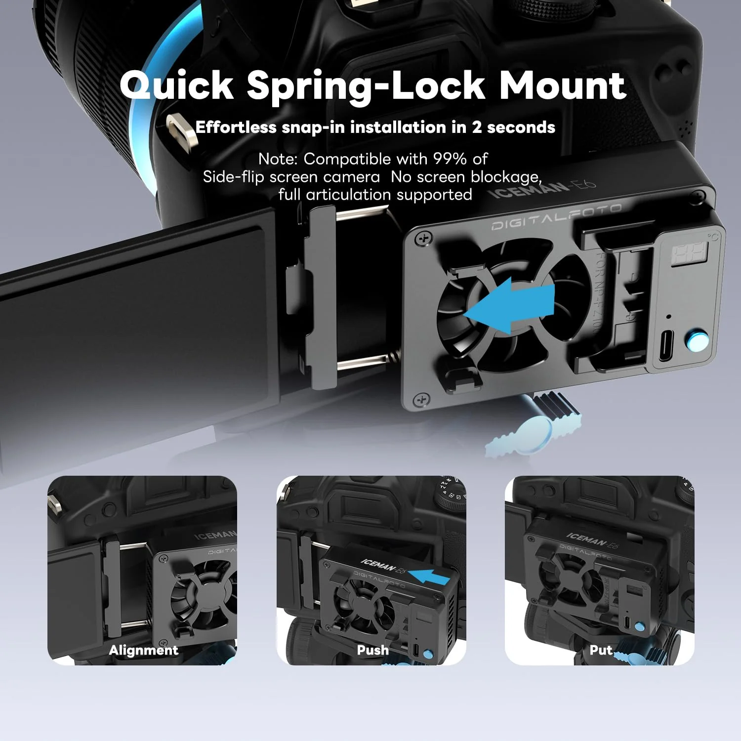 DFCINE Iceman-E6 Camera Fan for Canon R5/R6/90D/SX70, TEC Semiconductor Camera Cooling Fan with LED Display, Dual Power Supply via LP-E6 or USB-C, Quiet Operation, Smart Lock Bracket ICEMAN-E6 EU - Image 4