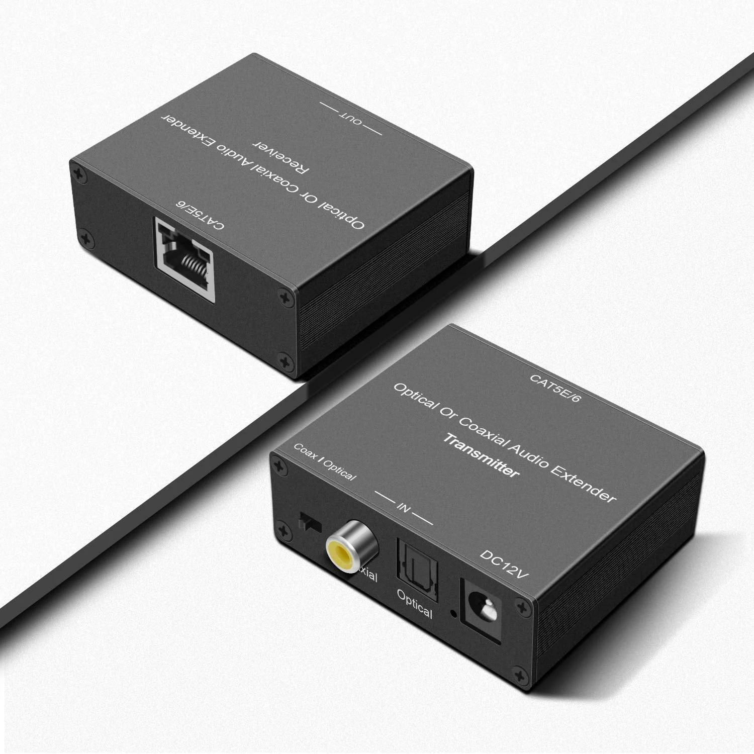 Digital Audio Extender Digital Optical/Coaxial Digital Audio Extender/Converter Over Single Cat5e/6 Cable (PoC) up to 500’ Standard Supported LPCM, DB Digital 5.1, DTS, and Doby True HD