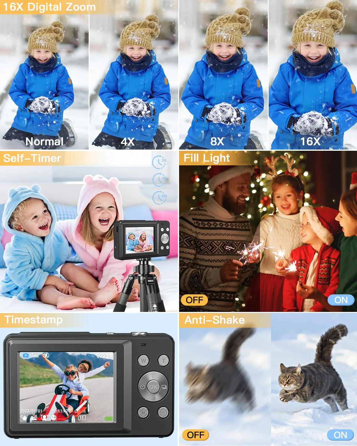 Digital Camera, 1080P FHD Camera for Kids, 44MP Point and Shoot Digital Camera with 32GB Card, Fill Light, 16X Zoom, Anti-Shake, Compact Small Camera Gift for Teens Boys Girls(Black) Black - Image 4