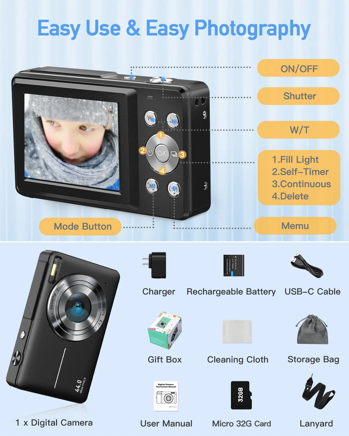 Digital Camera, 1080P FHD Camera for Kids, 44MP Point and Shoot Digital Camera with 32GB Card, Fill Light, 16X Zoom, Anti-Shake, Compact Small Camera Gift for Teens Boys Girls(Black) Black - Image 7