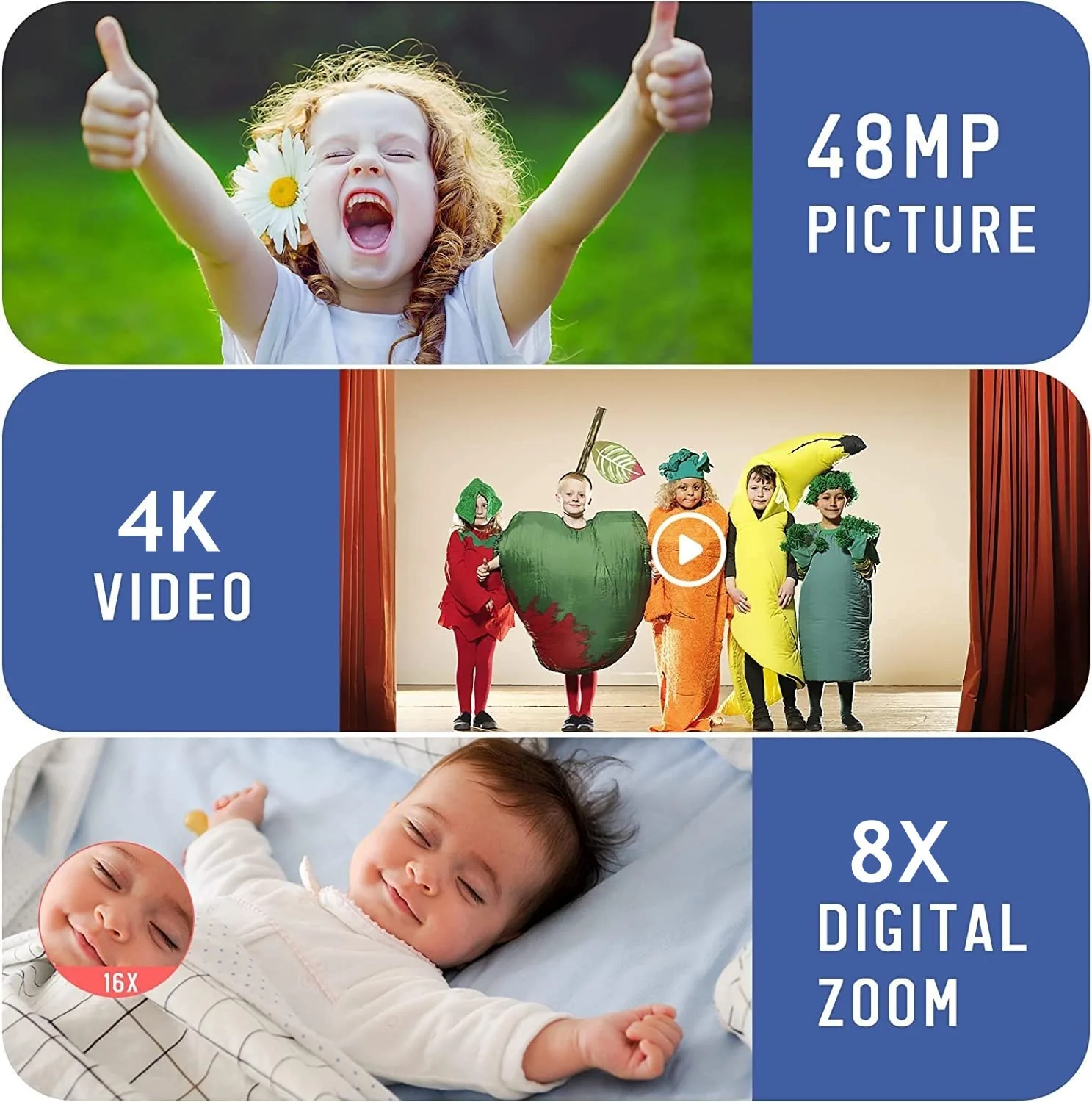 Digital Camera 4k 48MP, Cameras for Photography, Vlogging Camera with 2.7" TFT Screen, 8X Zoom Compact Portable Mini Rechargeable Camera Gifts for Students Teens Adults Girls Boys - Image 3