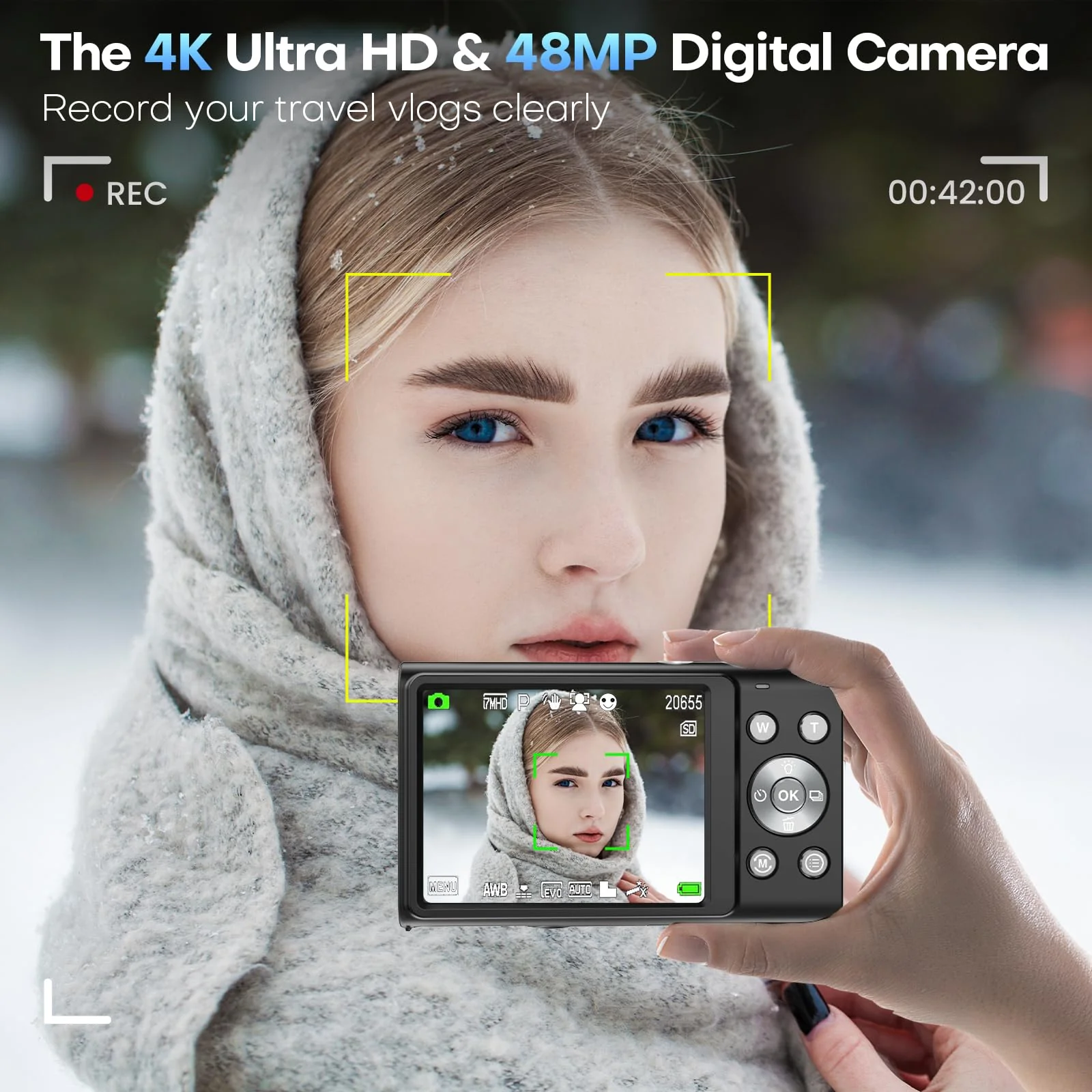 Digital Camera, Autofocus UHD 4K Vlogging Camera with 32GB Card, 48MP 16X Digital Zoom Digital Camera, Anti-Shake Portable YouTube Compact Point Shoot Camera for Teens Adult Beginner(Black) Black - Image 2