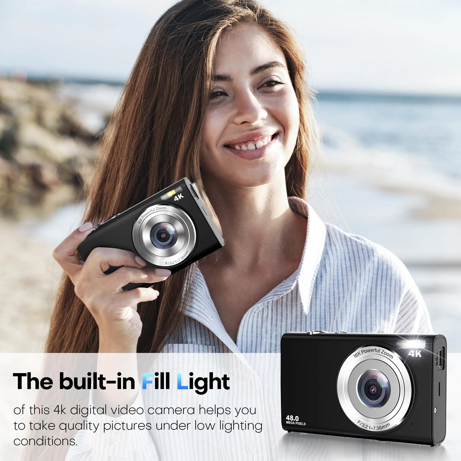Digital Camera, Autofocus UHD 4K Vlogging Camera with 32GB Card, 48MP 16X Digital Zoom Digital Camera, Anti-Shake Portable YouTube Compact Point Shoot Camera for Teens Adult Beginner(Black) Black - Image 5