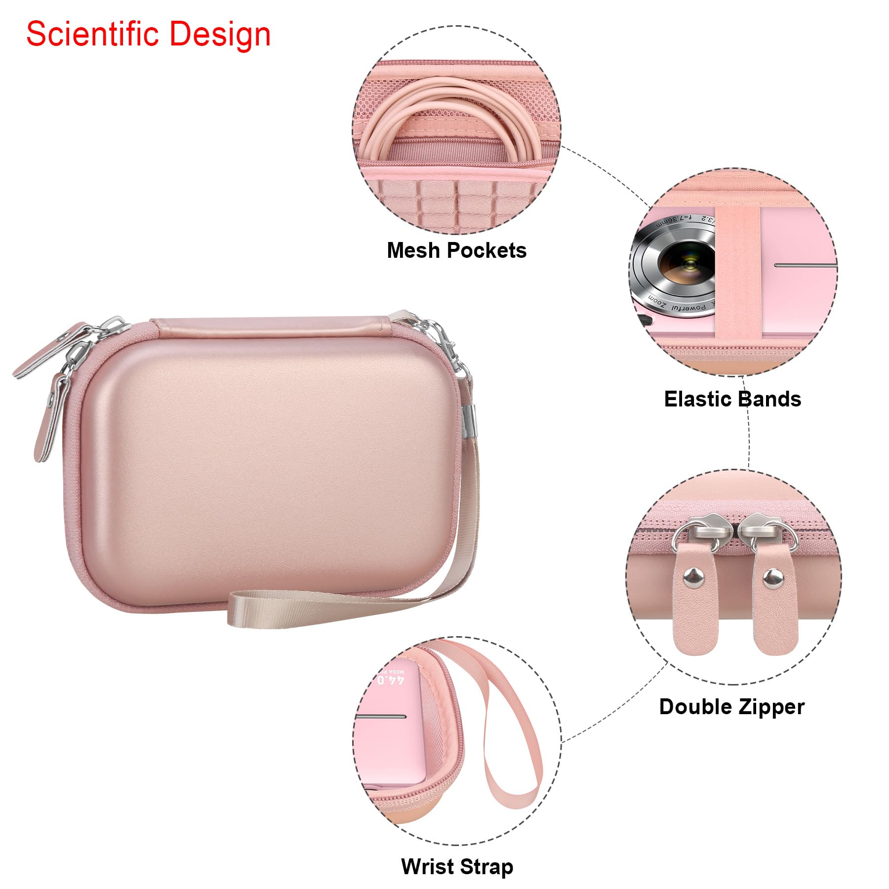 Digital Camera Carrying Case for CAMKORY/for toberto/for AiTechny/for VAHOIALD/for IWEUKJLO FHD 1080P Camera, Boys Girls Kids Compact Small Camera Travel Storage Cover Protective Bag,Rose Gold Rose Gold+Inside Rose Gold - Image 4