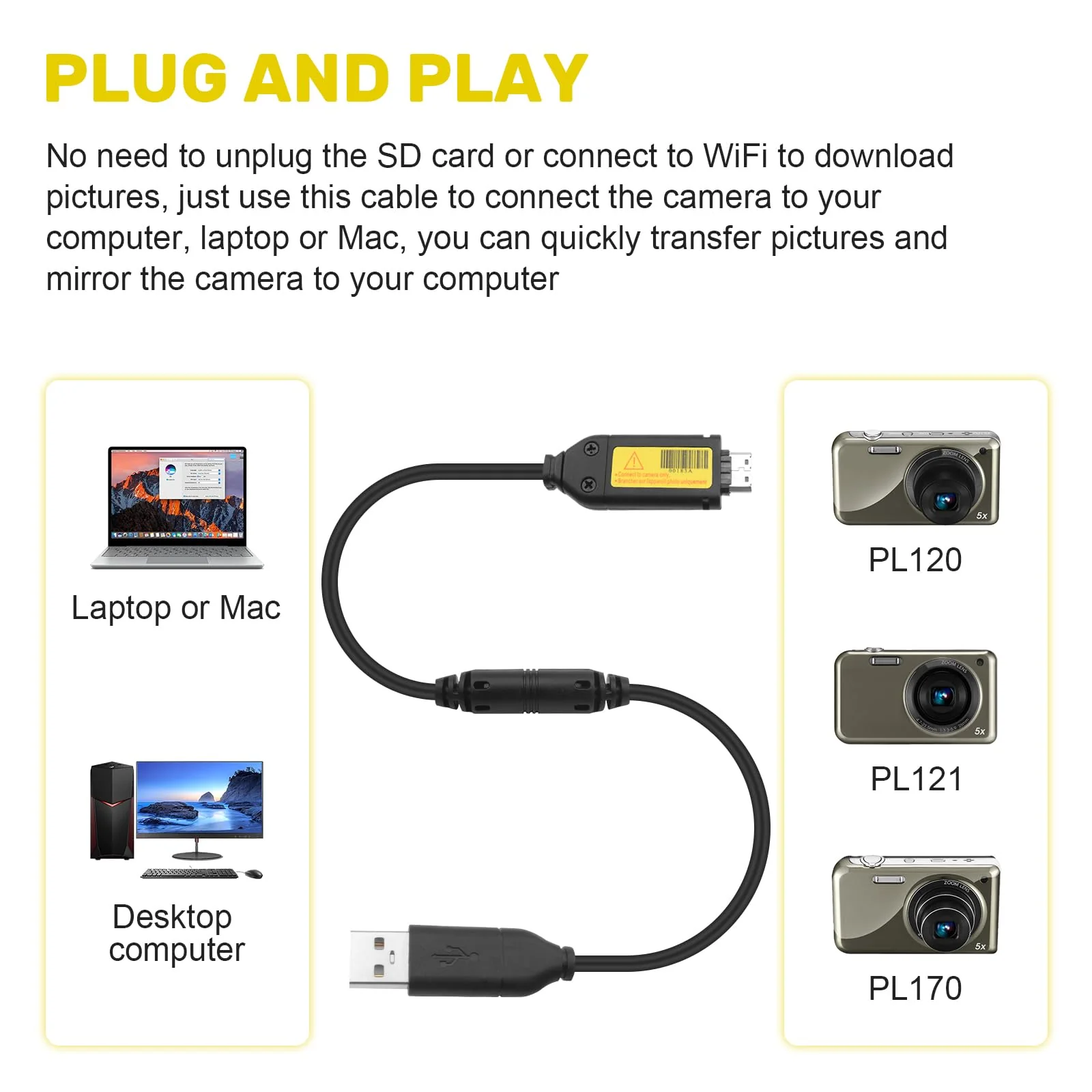 Digital Camera Charger Compatible with Samsung Digital Camera PL120, PL100, PL101, PL121, PL150, PL170, PL20, PL210, PL50, SL102, SH100, Replacement for SUC-3 SUC-5 SUC-7 Data & Charge Cable - Image 6