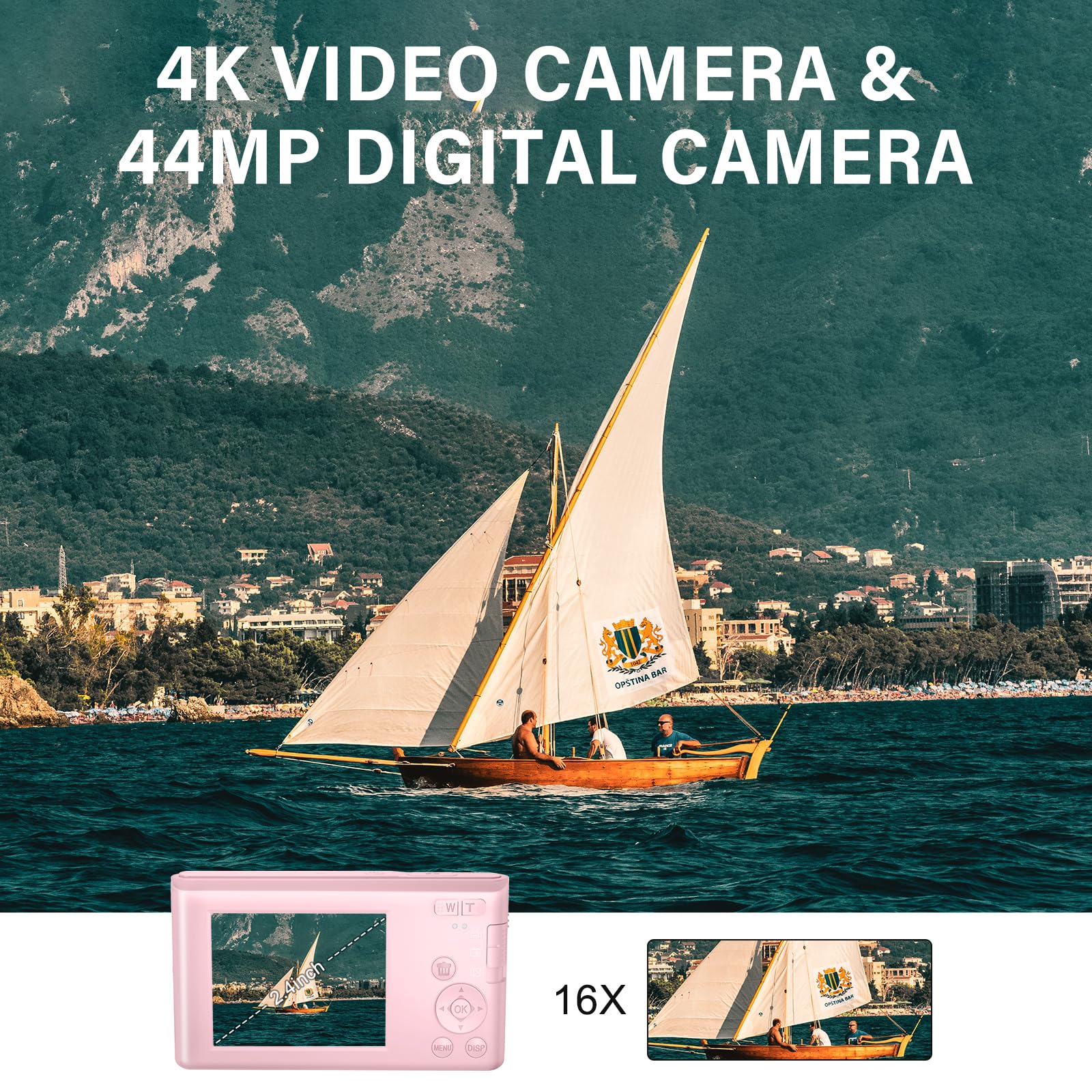 Digital Camera Cheap, 4K 44MP Kids Camera with 32GB SD Card, 2.4 Inch Point and Shoot Camera with 16X Digital Zoom, Compact Camera for Kids Teens Boys Girls Adults Students Seniors(Pink3) X3-Pink3 - Image 2