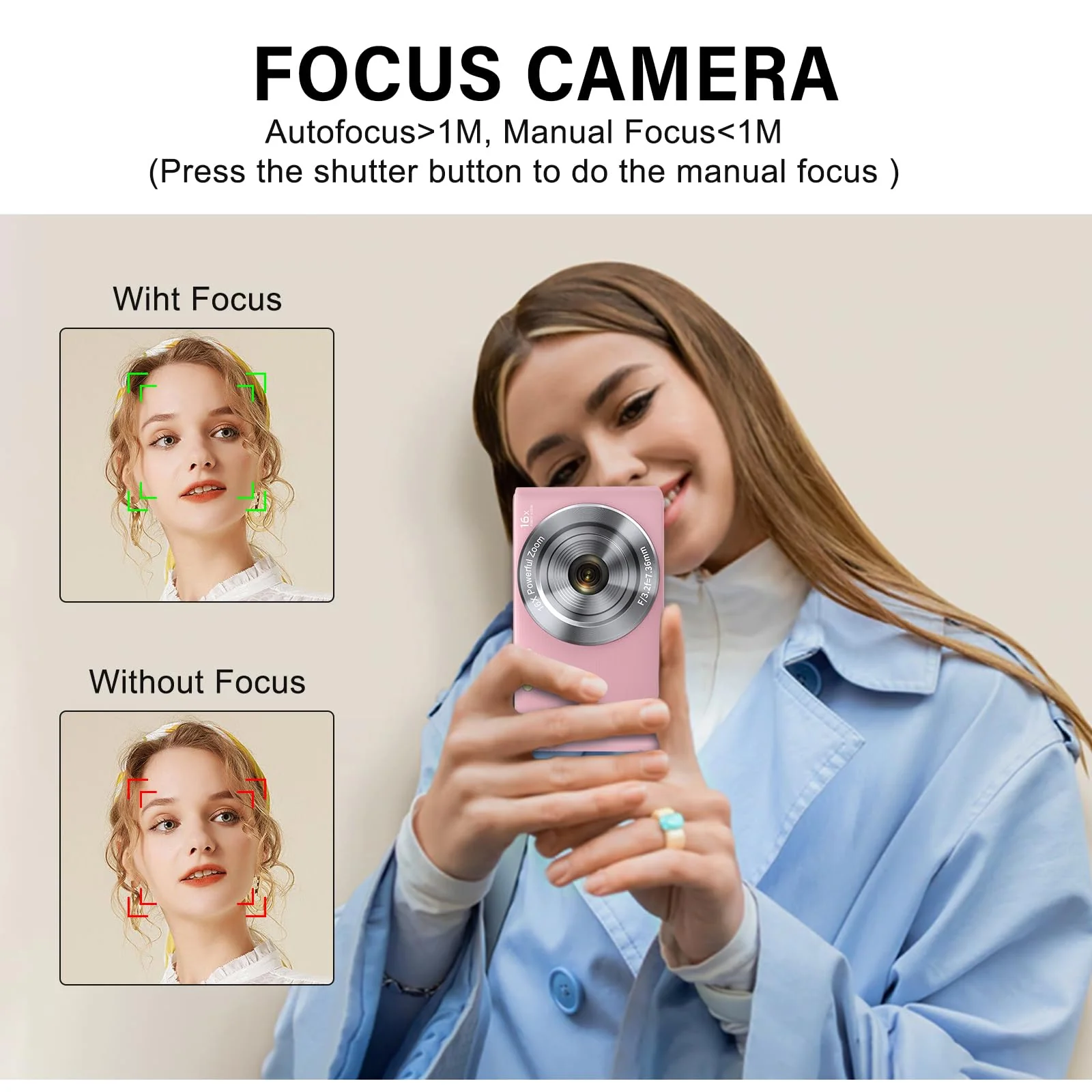 Digital Camera Cheap, 4K 44MP Kids Camera with 32GB SD Card, 2.4 Inch Point and Shoot Camera with 16X Digital Zoom, Compact Camera for Kids Teens Boys Girls Adults Students Seniors(Pink3) X3-Pink3 - Image 4