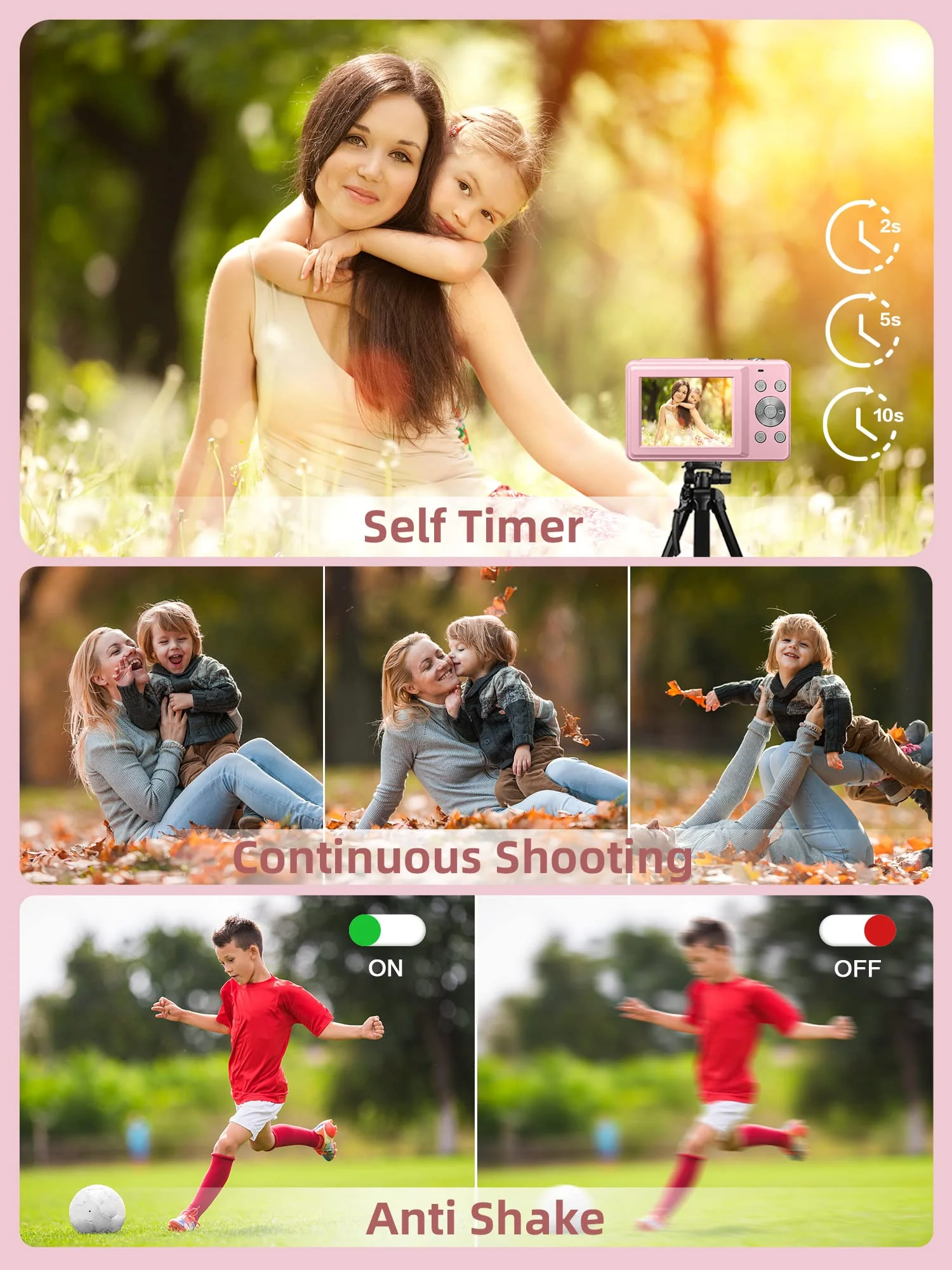 Digital Camera, FHD 1080P Camera, Digital Point and Shoot Camera with 16X Zoom Anti Shake, Compact Small Camera for Boys Girls Kids Pink - Image 4