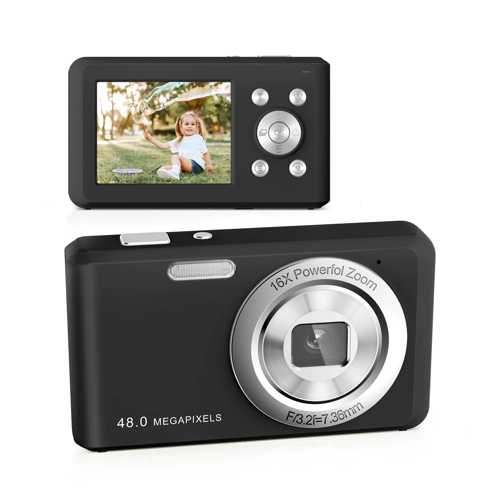 Digital Camera, FHD 1080P Compact Camera with 32GB Card,48MP Camera 2.4'' LCD 16X Digital Zoom for Kid Student Children Teen Girl Boy(Black) Black
