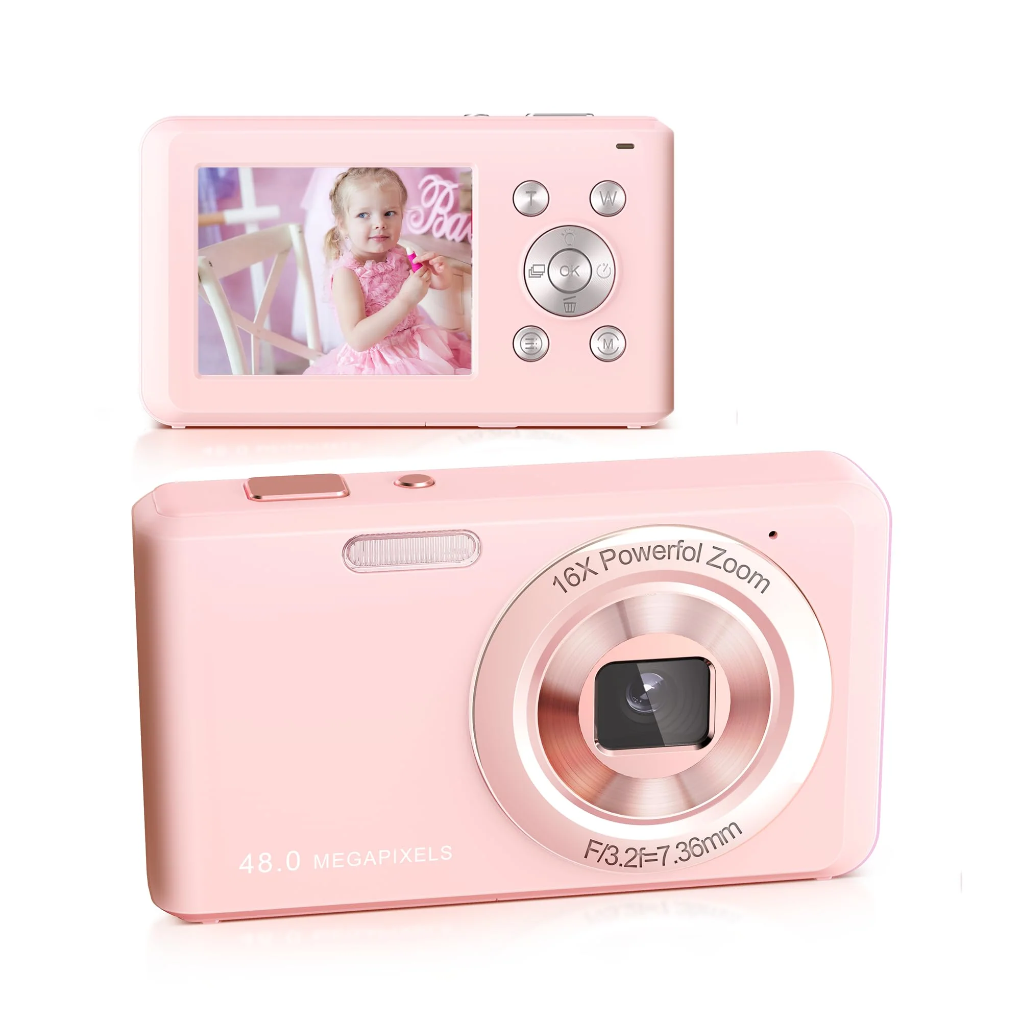 Digital Camera, FHD 1080P Compact Camera with 32GB Card,48MP Camera 2.4'' LCD 16X Digital Zoom for Kid Student Children Teen Girl Boy(Pink) Pink
