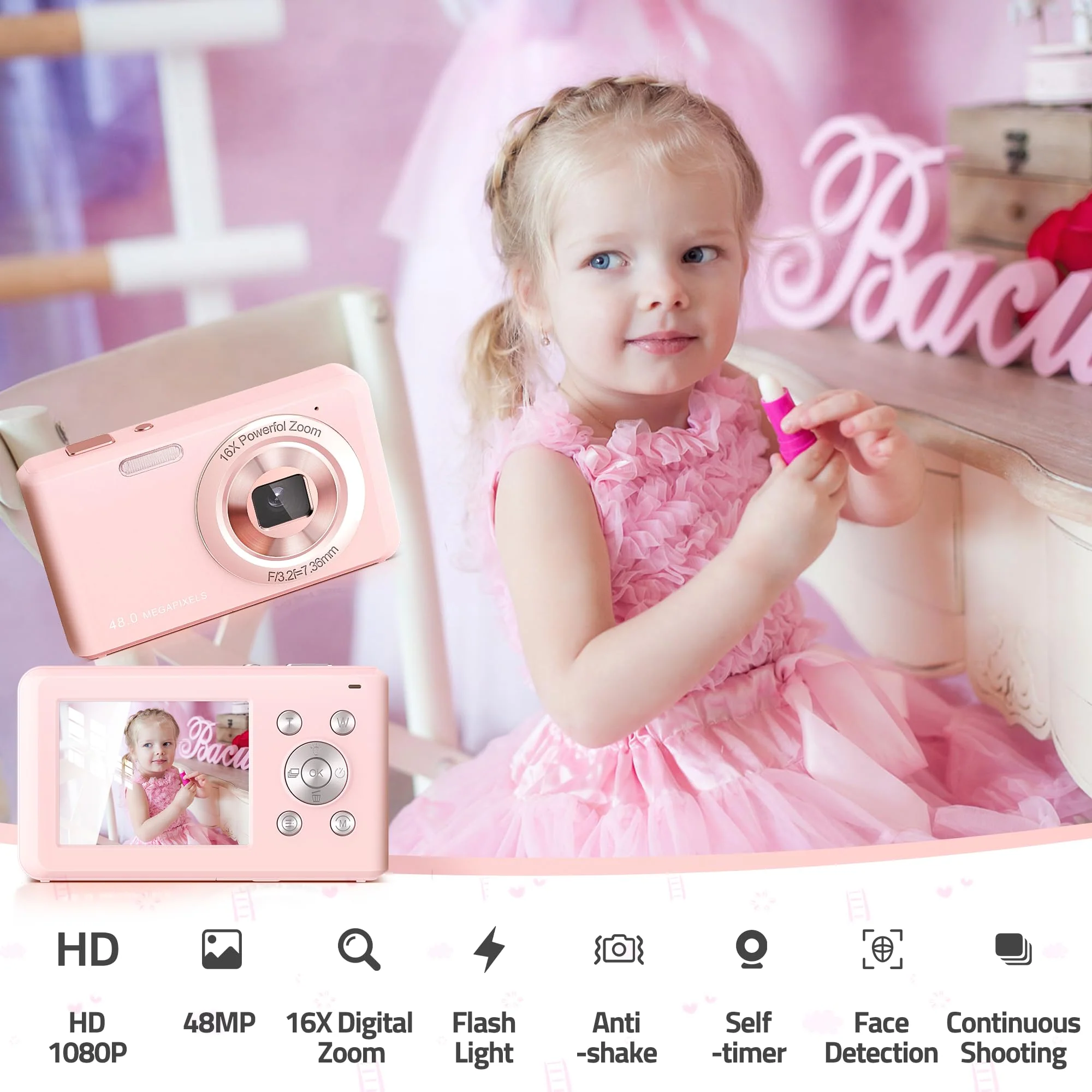 Digital Camera, FHD 1080P Compact Camera with 32GB Card,48MP Camera 2.4'' LCD 16X Digital Zoom for Kid Student Children Teen Girl Boy(Pink) Pink - Image 3