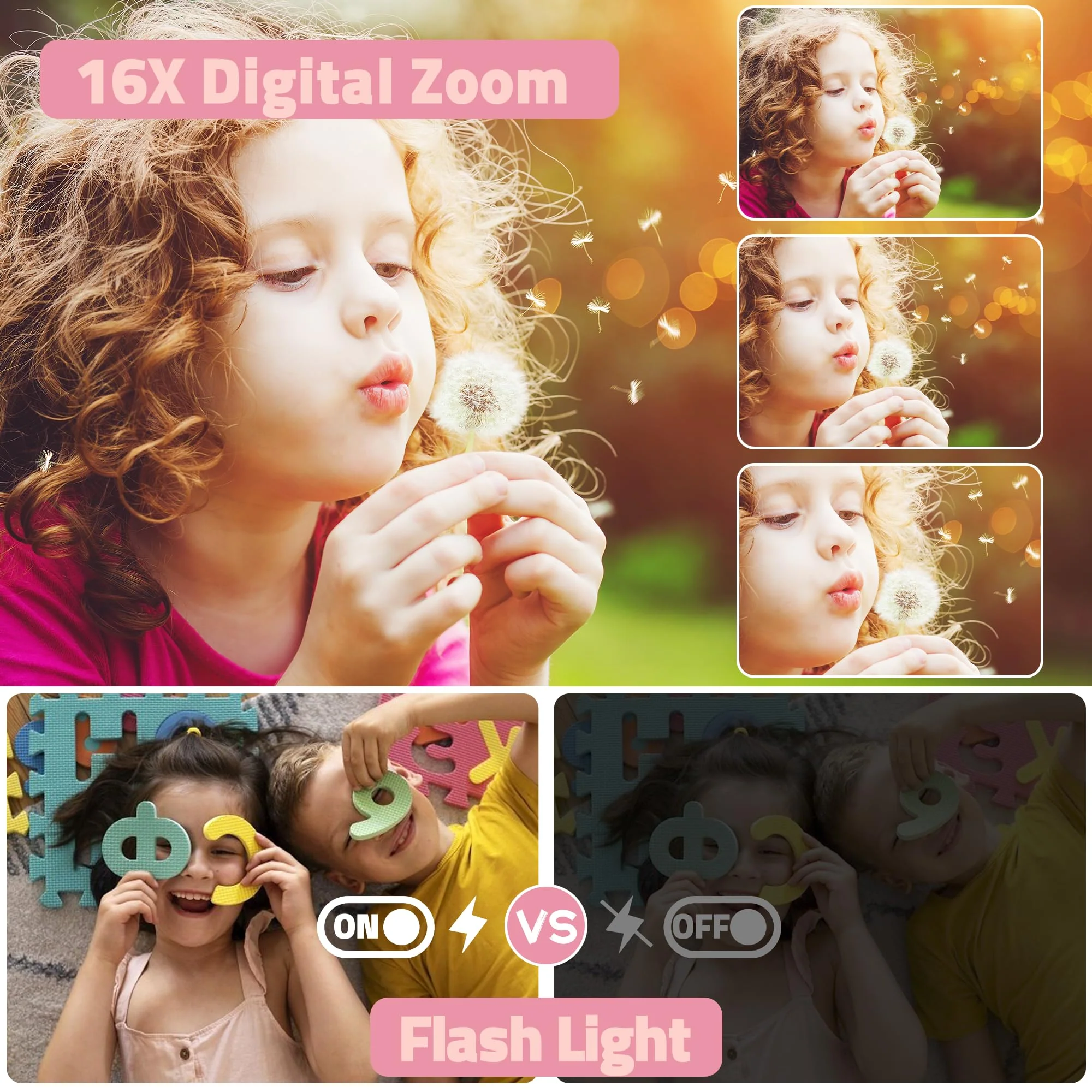 Digital Camera, FHD 1080P Compact Camera with 32GB Card,48MP Camera 2.4'' LCD 16X Digital Zoom for Kid Student Children Teen Girl Boy(Pink) Pink - Image 5