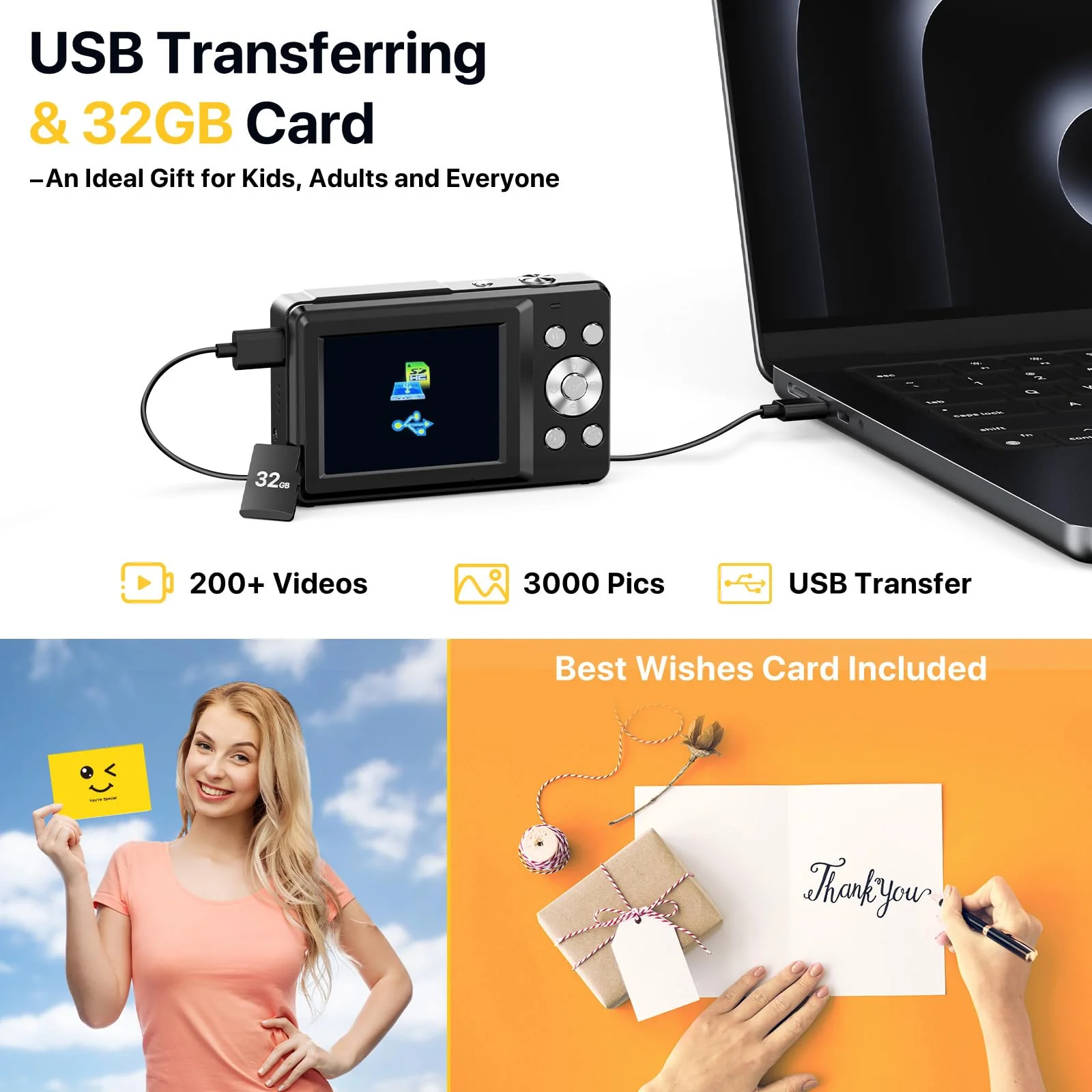 Digital Camera, FHD 1080P Digital Camera for Kids with 32GB SD Card Compact Point and Shoot Camera 16X Zoom Anti Shake Portable Cameras Small Camera for Teens Boys Girls Seniors with Best Wishes Card Black - Image 3