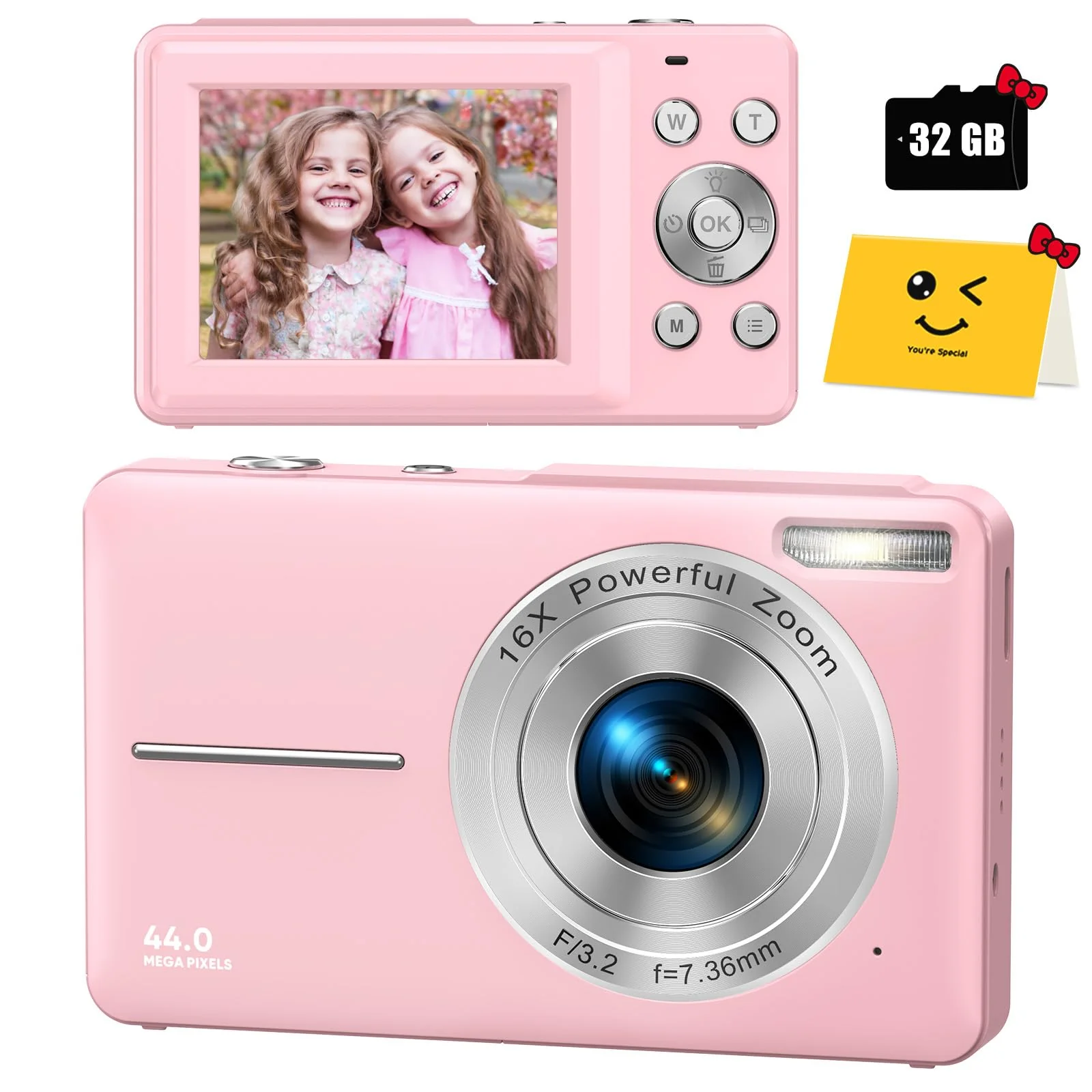 Digital Camera, FHD 1080P Digital Camera for Kids with 32GB SD Card Compact Point and Shoot Camera 16X Zoom Anti Shake Portable Cameras Small Camera for Teens Boys Girls Seniors with Best Wishes Card Pink