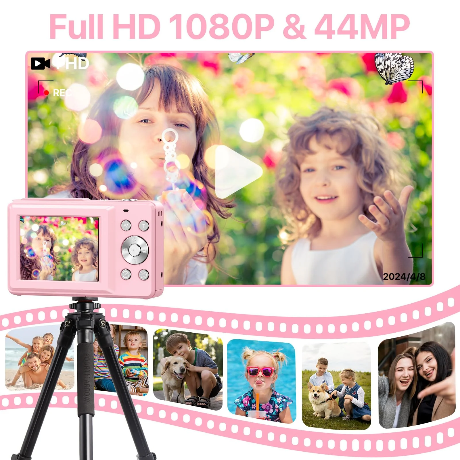 Digital Camera, FHD 1080P Digital Camera for Kids with 32GB SD Card Compact Point and Shoot Camera 16X Zoom Anti Shake Portable Cameras Small Camera for Teens Boys Girls Seniors with Best Wishes Card Pink - Image 2