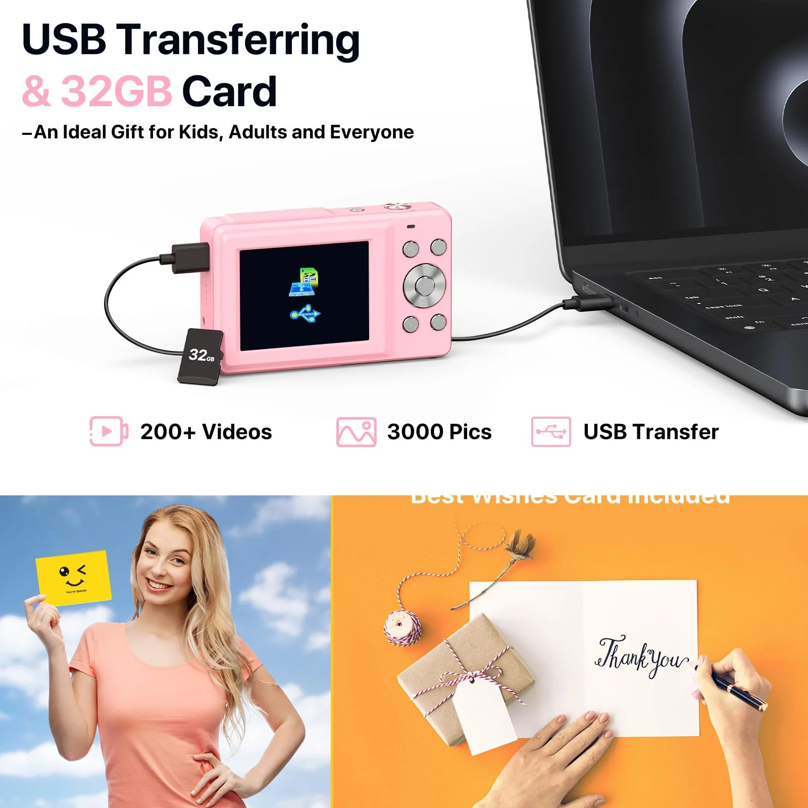 Digital Camera, FHD 1080P Digital Camera for Kids with 32GB SD Card Compact Point and Shoot Camera 16X Zoom Anti Shake Portable Cameras Small Camera for Teens Boys Girls Seniors with Best Wishes Card Pink - Image 3