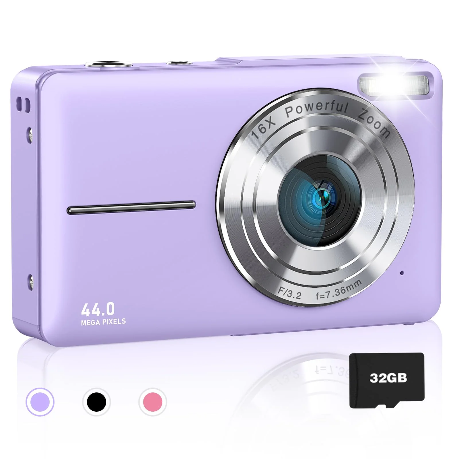 Digital Camera, FHD 1080P Kids Camera, 44MP Point and Shoot Cameras for Pictures with 32GB Card, 16X Zoom, Lanyard, Portable Travel Mini Camera for Kids Teens Beginner(Purple) Purple