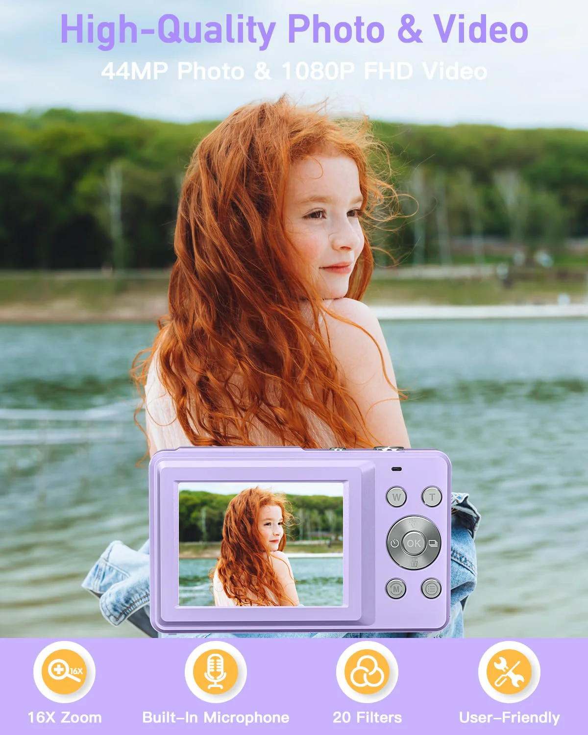 Digital Camera, FHD 1080P Kids Camera, 44MP Point and Shoot Cameras for Pictures with 32GB Card, 16X Zoom, Lanyard, Portable Travel Mini Camera for Kids Teens Beginner(Purple) Purple - Image 2