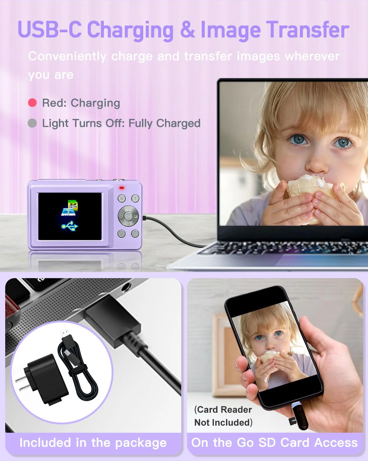 Digital Camera, FHD 1080P Kids Camera, 44MP Point and Shoot Cameras for Pictures with 32GB Card, 16X Zoom, Lanyard, Portable Travel Mini Camera for Kids Teens Beginner(Purple) Purple - Image 3