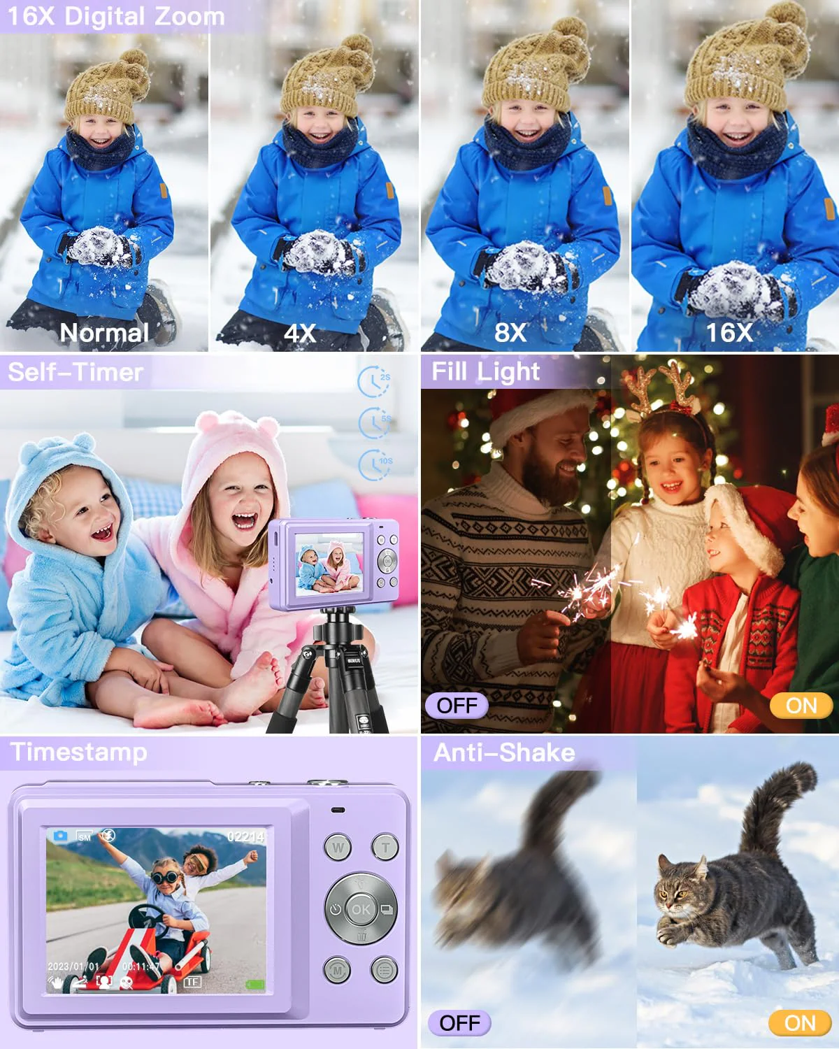 Digital Camera, FHD 1080P Kids Camera, 44MP Point and Shoot Cameras for Pictures with 32GB Card, 16X Zoom, Lanyard, Portable Travel Mini Camera for Kids Teens Beginner(Purple) Purple - Image 4