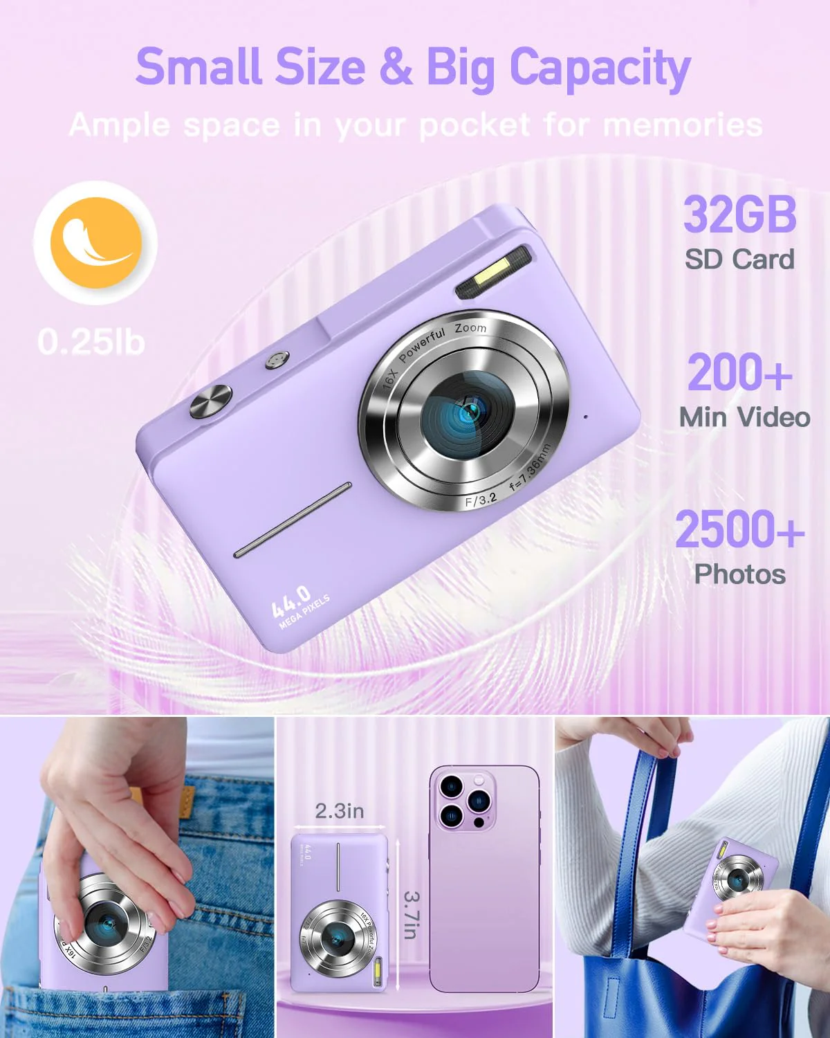 Digital Camera, FHD 1080P Kids Camera, 44MP Point and Shoot Cameras for Pictures with 32GB Card, 16X Zoom, Lanyard, Portable Travel Mini Camera for Kids Teens Beginner(Purple) Purple - Image 5