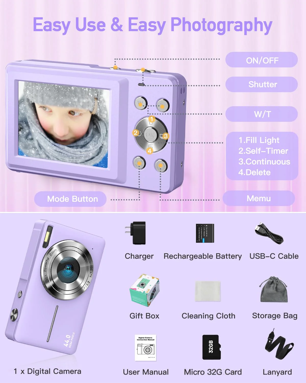 Digital Camera, FHD 1080P Kids Camera, 44MP Point and Shoot Cameras for Pictures with 32GB Card, 16X Zoom, Lanyard, Portable Travel Mini Camera for Kids Teens Beginner(Purple) Purple - Image 7