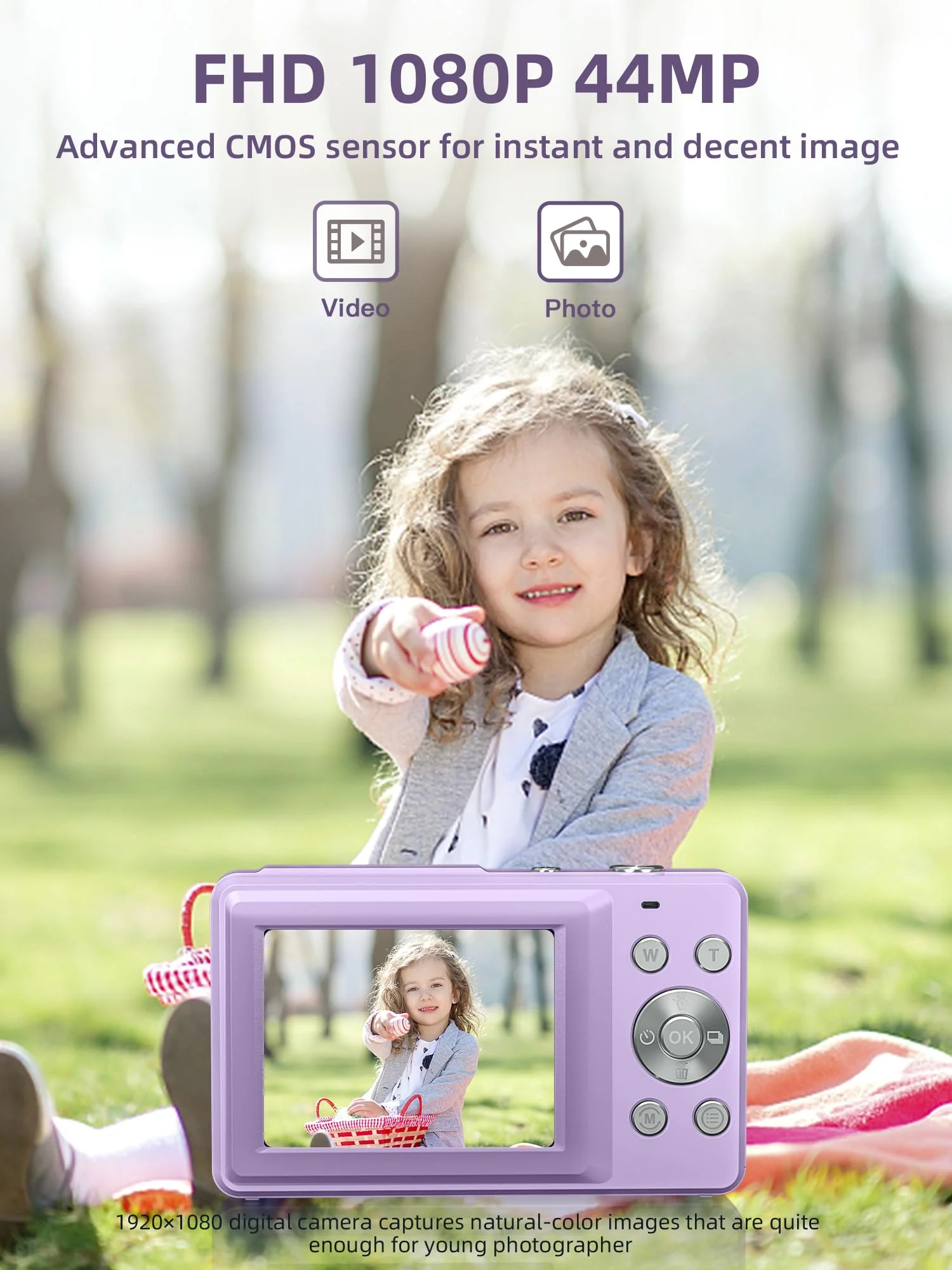 Digital Camera, FHD 1080P Kids Camera 44MP Point and Shoot Digital Cameras with 32GB Memory Card, 16X Zoom, Two Batteries, Lanyard, Compact Small Camera Gift for Kids Boys Girls Students, Purple - Image 2