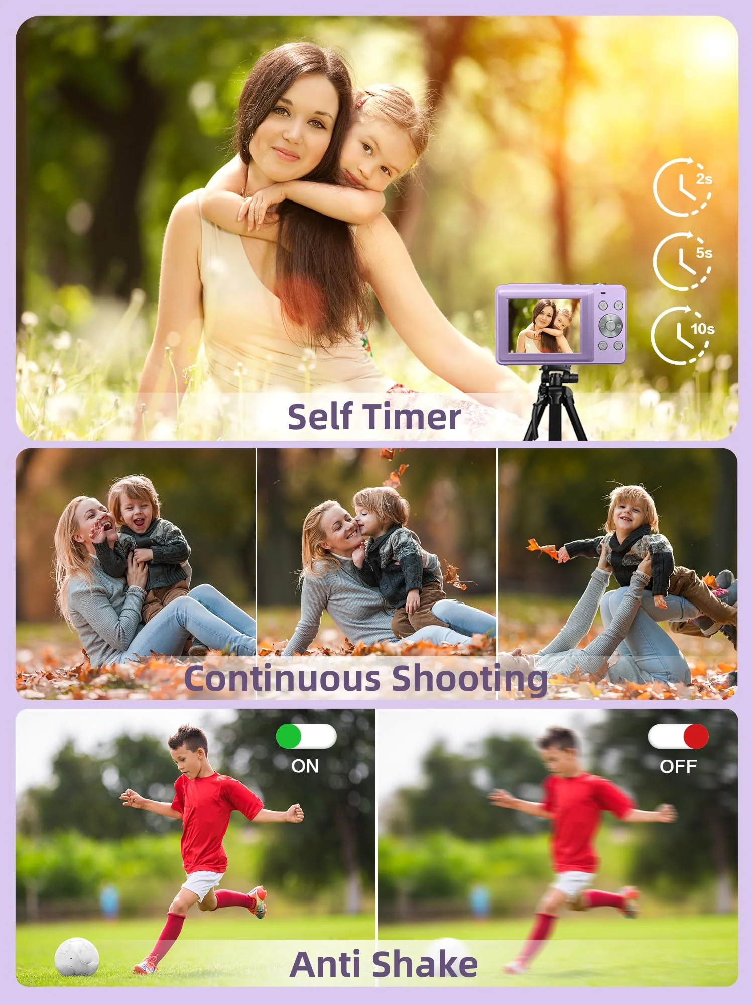 Digital Camera, FHD 1080P Kids Camera 44MP Point and Shoot Digital Cameras with 32GB Memory Card, 16X Zoom, Two Batteries, Lanyard, Compact Small Camera Gift for Kids Boys Girls Students, Purple - Image 4