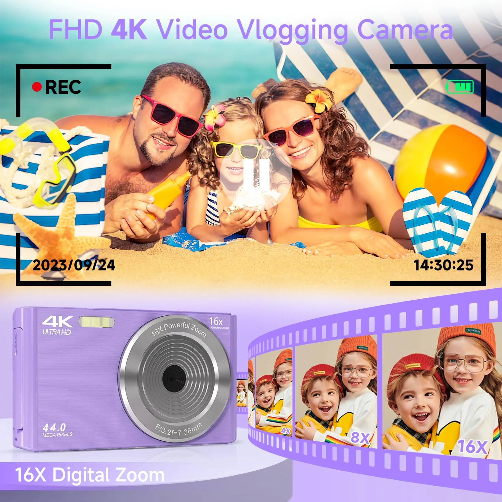 Digital Camera for Teens, FHD 4K 44MP Digital Camera Purple with 64GB SD Card 16X Digital Zoom, Cameras for Photography Compact Point and Shoot Camera for Teen Boys Girls Kids Camera Digital - Image 3