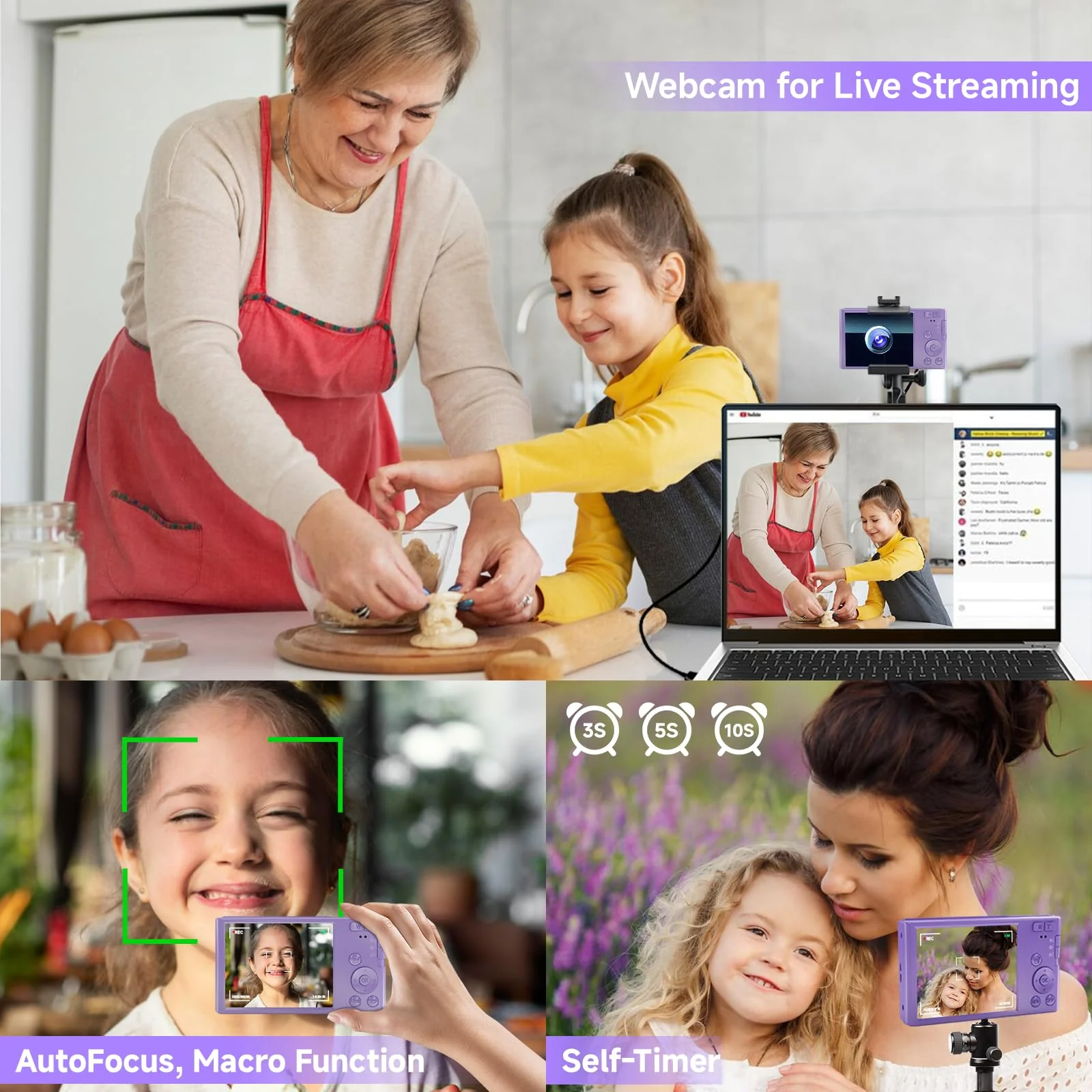 Digital Camera for Teens, FHD 4K 44MP Digital Camera Purple with 64GB SD Card 16X Digital Zoom, Cameras for Photography Compact Point and Shoot Camera for Teen Boys Girls Kids Camera Digital - Image 5