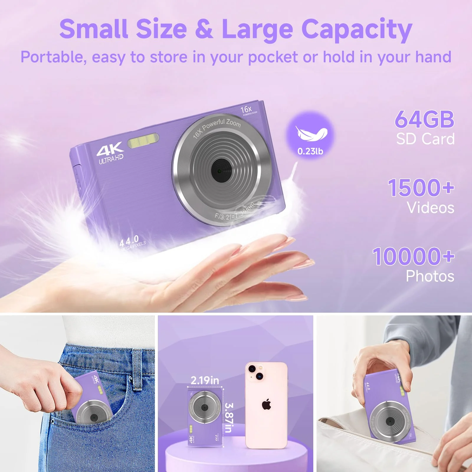 Digital Camera for Teens, FHD 4K 44MP Digital Camera Purple with 64GB SD Card 16X Digital Zoom, Cameras for Photography Compact Point and Shoot Camera for Teen Boys Girls Kids Camera Digital - Image 6