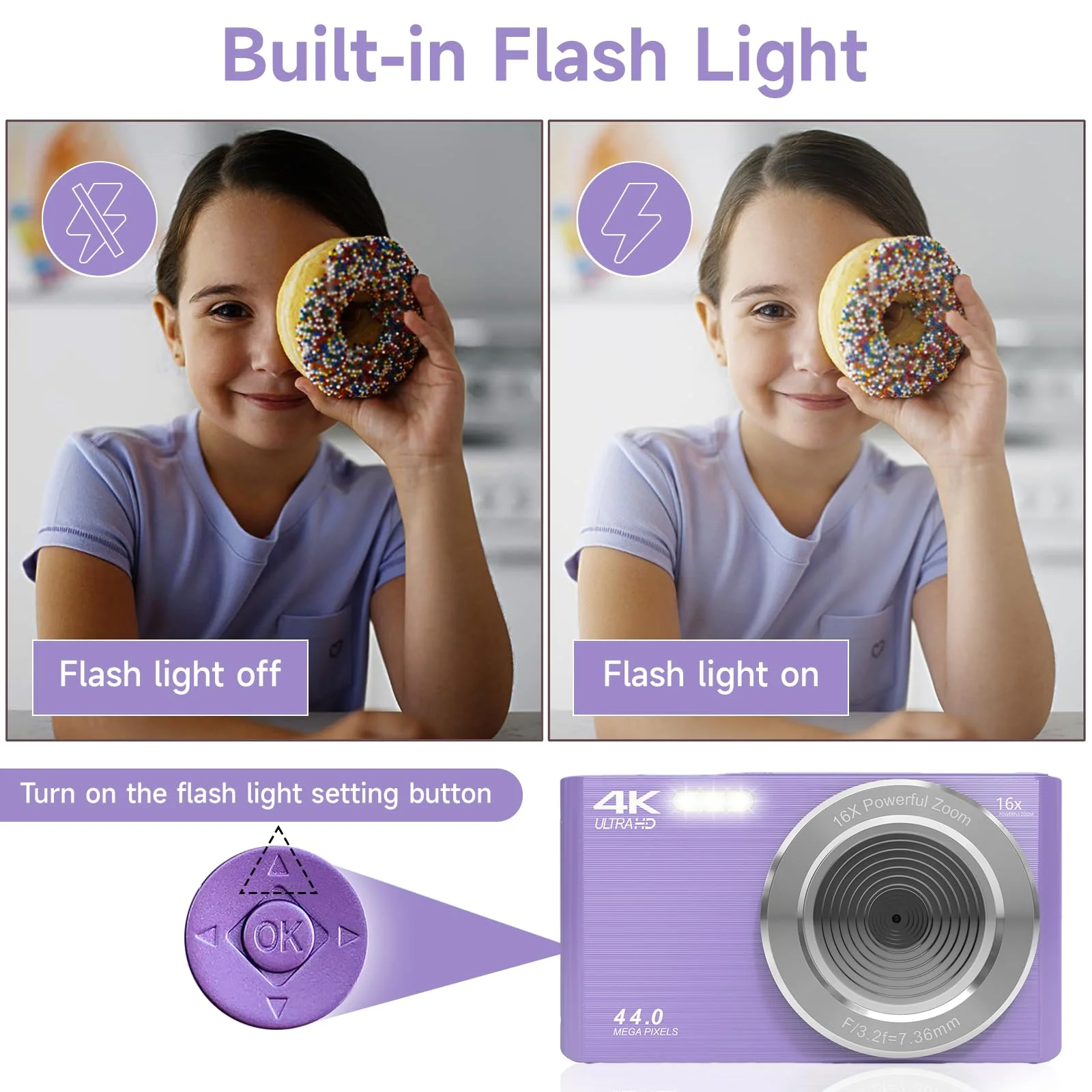 Digital Camera for Teens, FHD 4K 44MP Digital Camera Purple with 64GB SD Card 16X Digital Zoom, Cameras for Photography Compact Point and Shoot Camera for Teen Boys Girls Kids Camera Digital - Image 7