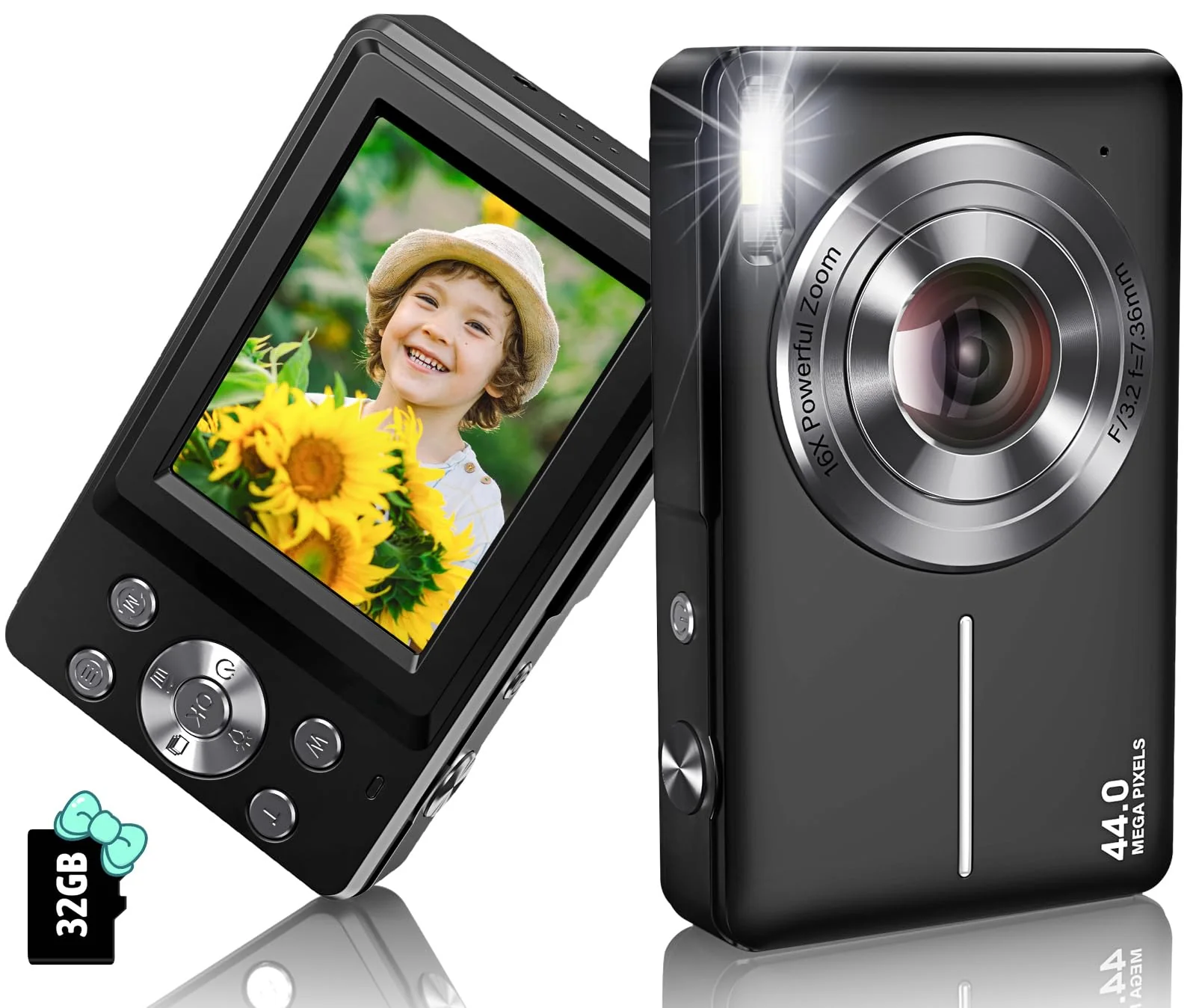 Digital Camera Newest 1080P 44MP Digital Cameras, Digital Point and Shoot Camera for Kids with 16X Zoom, Anti-Shake, Compact Small Travel Camera for Beginner Children Boys Girls Teens Gift Black